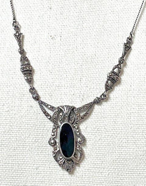 Vintage Sterling Silver 925 Art Deco Necklace With Onyx Marcasite Vintage Sterling Silver 925 Art Deco Necklace With Onyx Marcasite