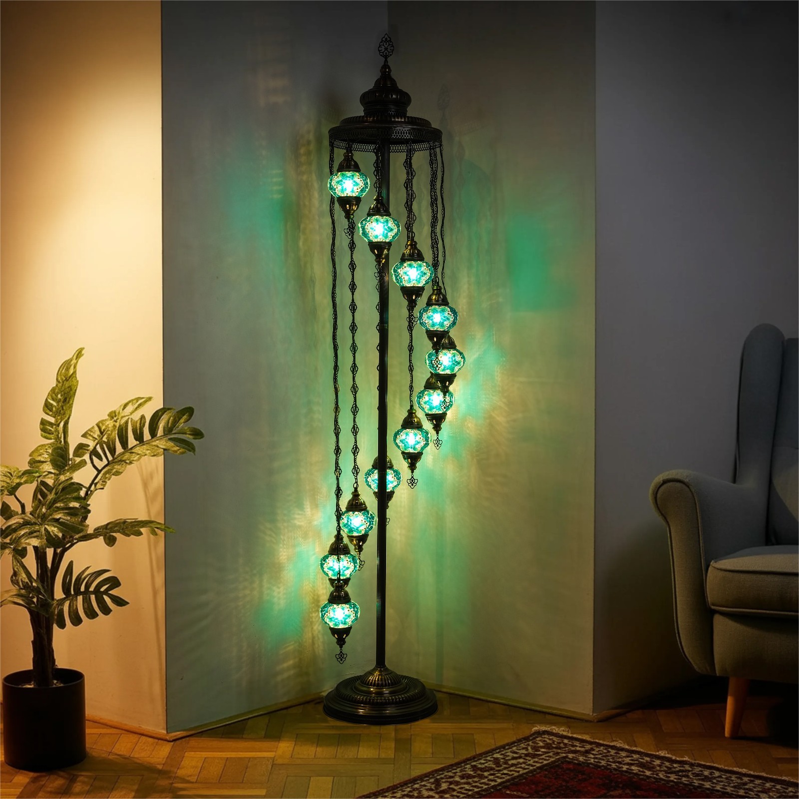 Turkish Mosaic Floor Lamp 11Globes – 83” Tall Handmade Lamp with Bulbs Included