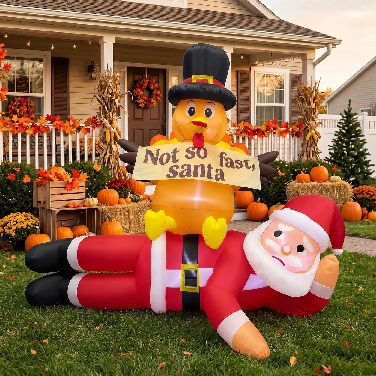 5FT Inflatable Thanksgiving Turkey Outdoor Decor with LED Lights Stops Santa Law