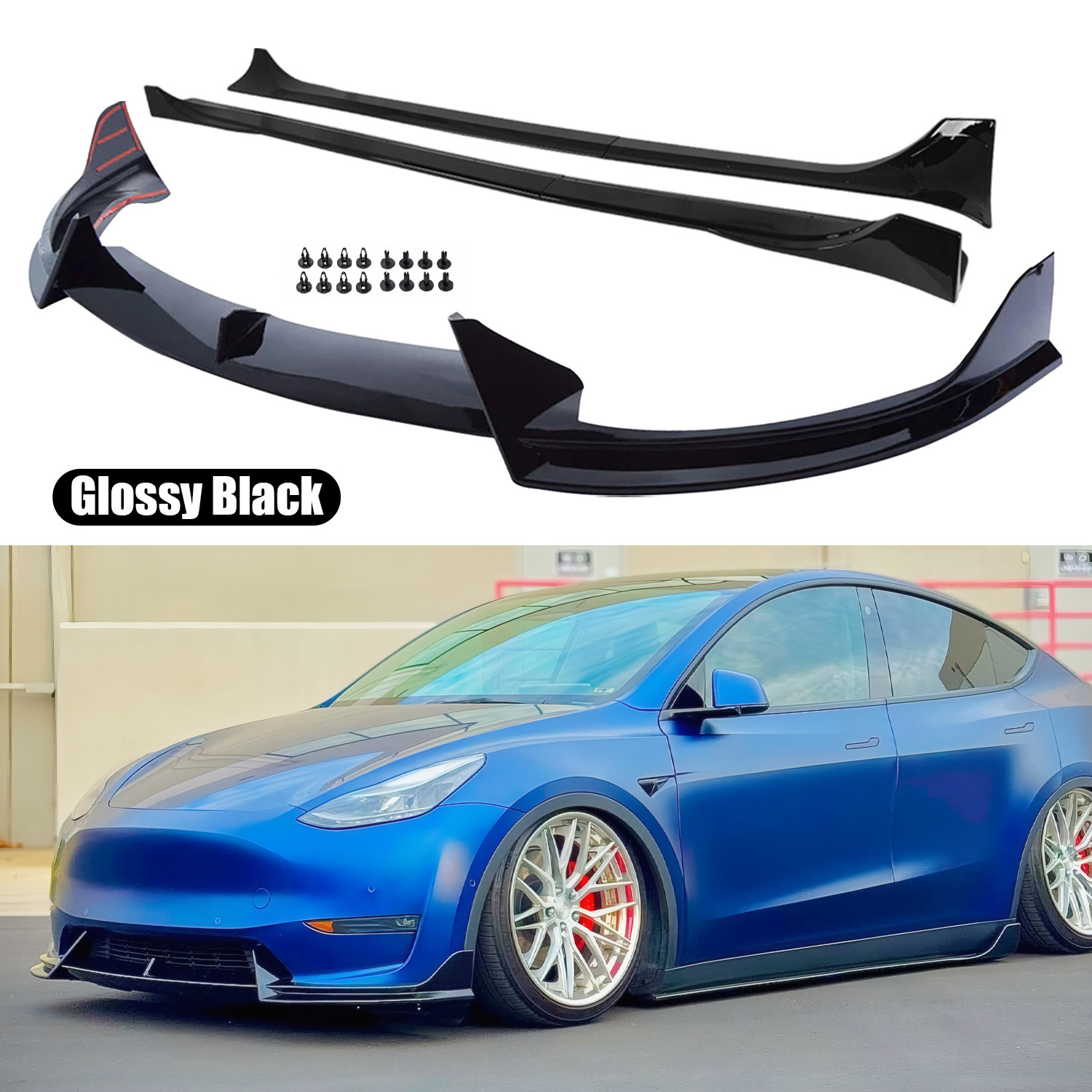 For Tesla Model Y 2018-2024 Gloss Black Winglet Front Bumper Lip + Side skirt For Tesla Model Y 2018-2024 Gloss Black Winglet Front Bumper Lip + Side skirt