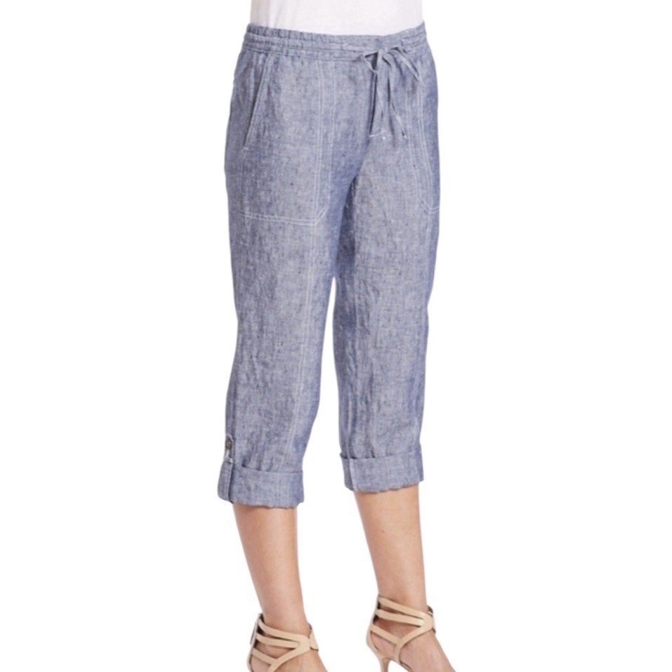 NWTL Lord & Taylor Linen Chambray Cropped Rolled Hem Pants Blue Medium Petite