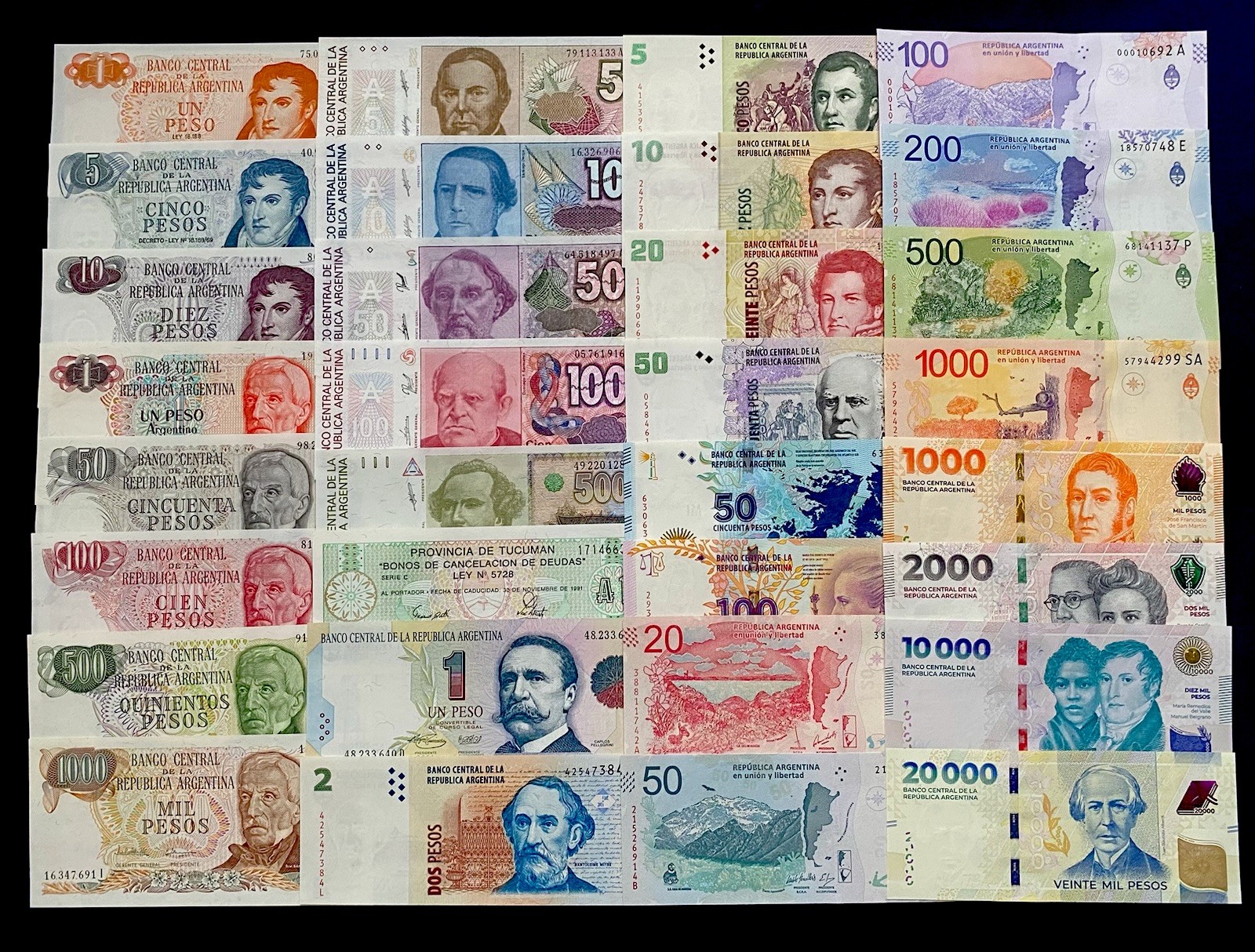ARGENTINA 32 PCS ( FROM 1 PESO TO 20,000 PESOS) 50 YEARS OF MONETARY HISTORY UNC ARGENTINA 32 PCS ( FROM 1 PESO TO 20,000 PESOS) 50 YEARS OF MONETARY HISTORY UNC
