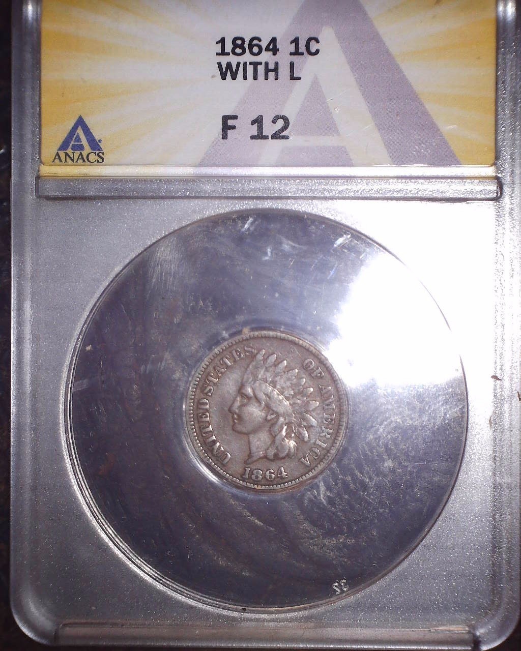 1864 L Indianhead Penny, ANACS F12, Rare Date, Issue Free