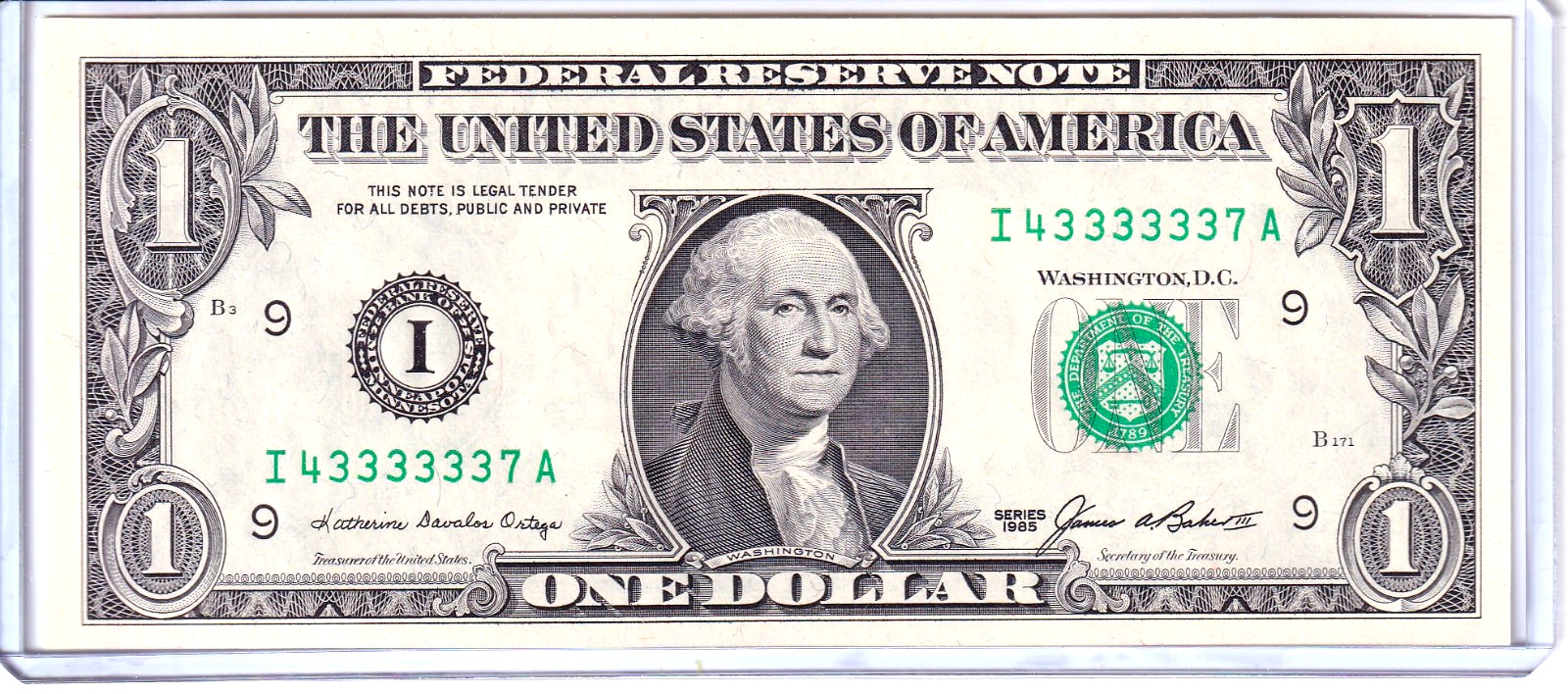1985 $1 FRN Uncirculated Near Solid 6 Digits in a Row #I43333337A 1985 $1 FRN Uncirculated Near Solid 6 Digits in a Row #I43333337A