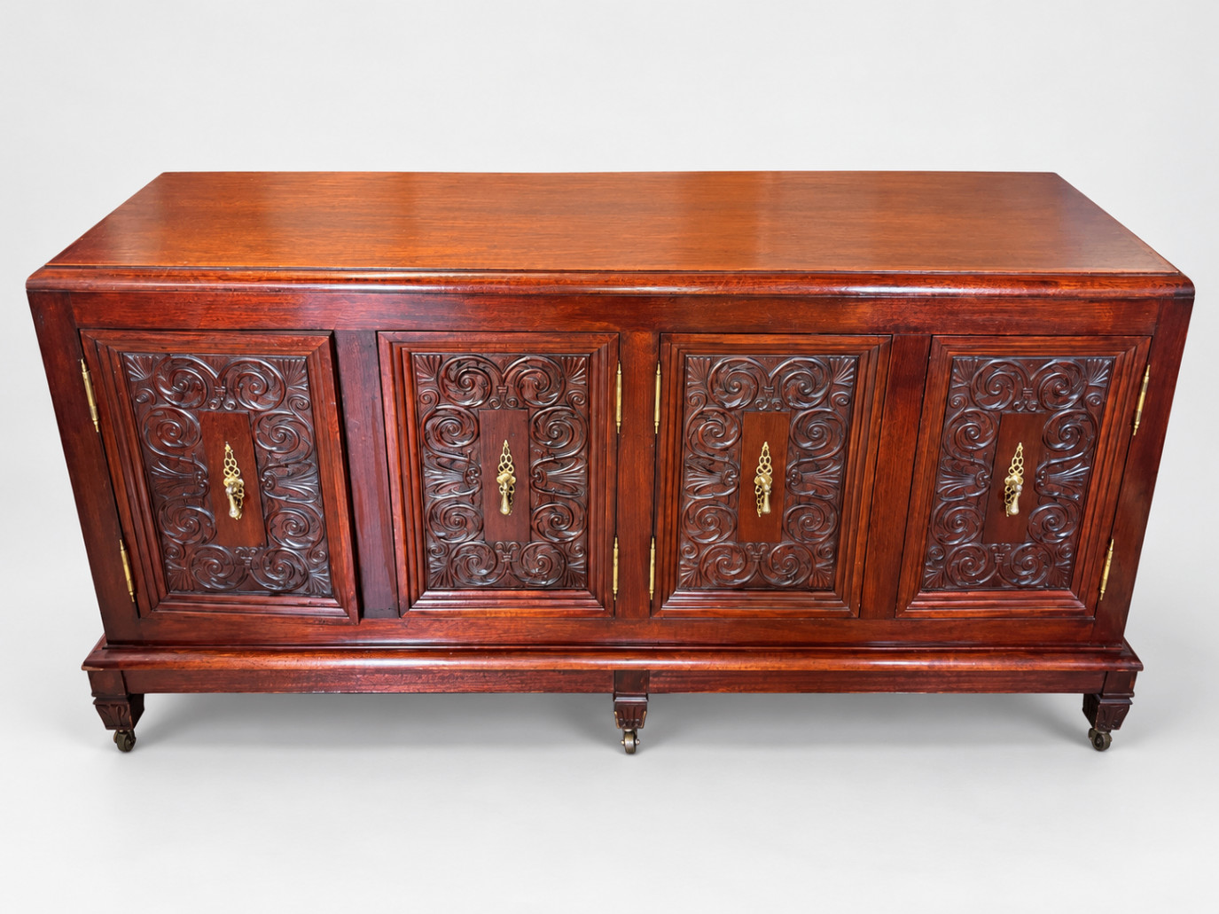 Antique Carved Wood Sideboard Buffet 4-Door Brass Hardware