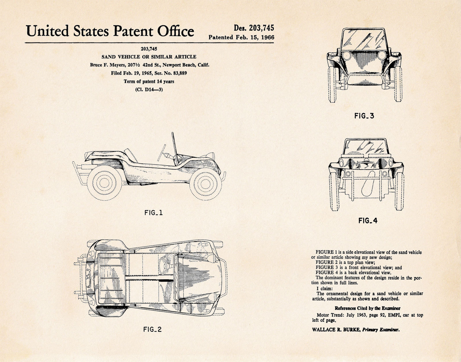 1966 Meyers Manx Dune Buggy Auto Mechanic Gift US Patent Print Bruce F. Meyers