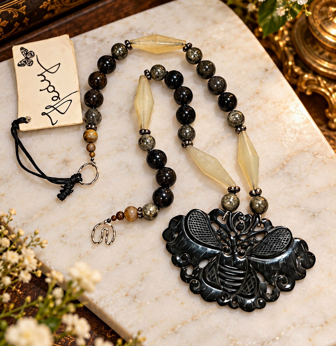Vintage Soohow Jade Butterfly Pendant Necklace with Antique Agate Beads Vintage Soohow Jade Butterfly Pendant Necklace with Antique Agate Beads