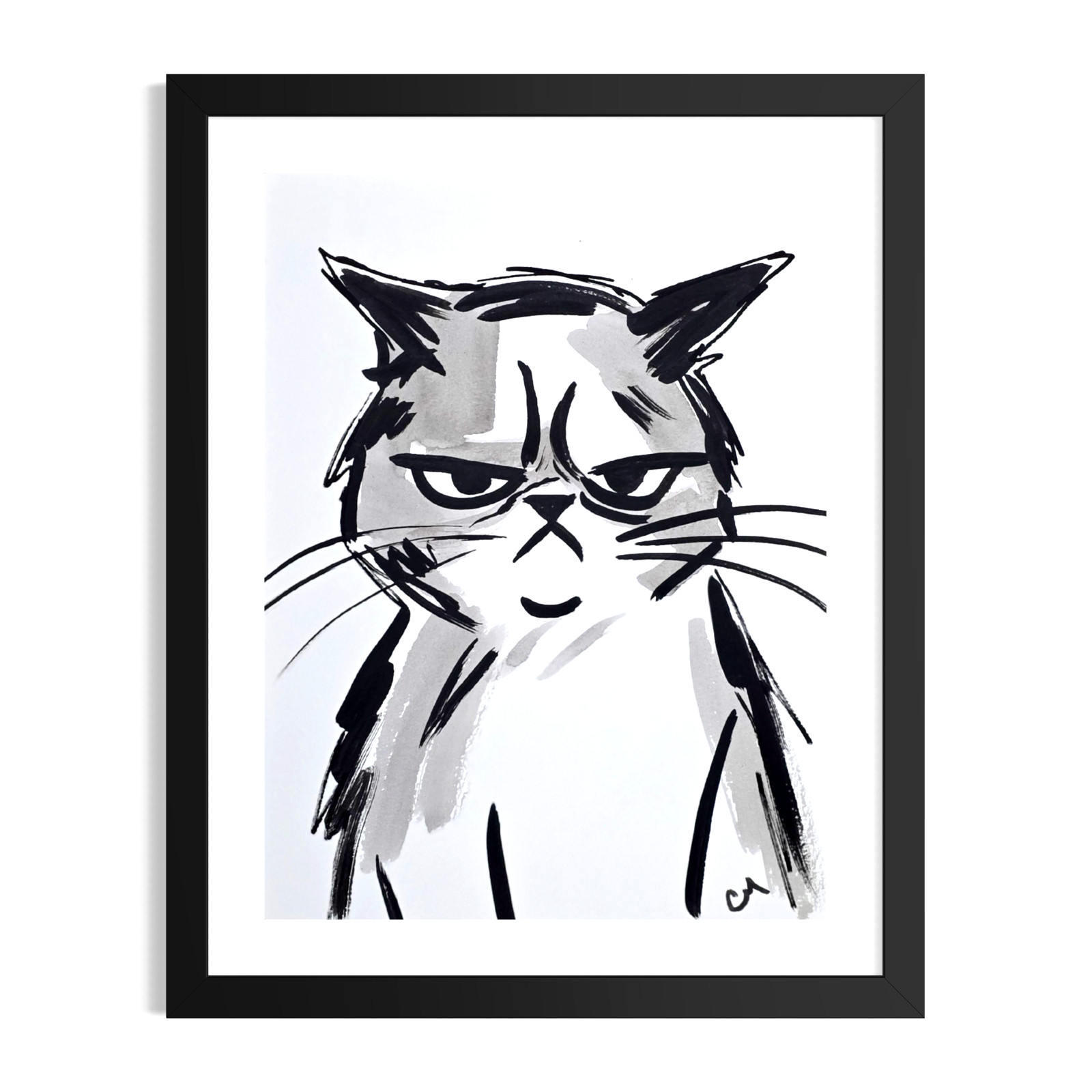 Original Hand Painted 9x12 Abstract Grumpy Cat Black White Acrylic Signed Paper