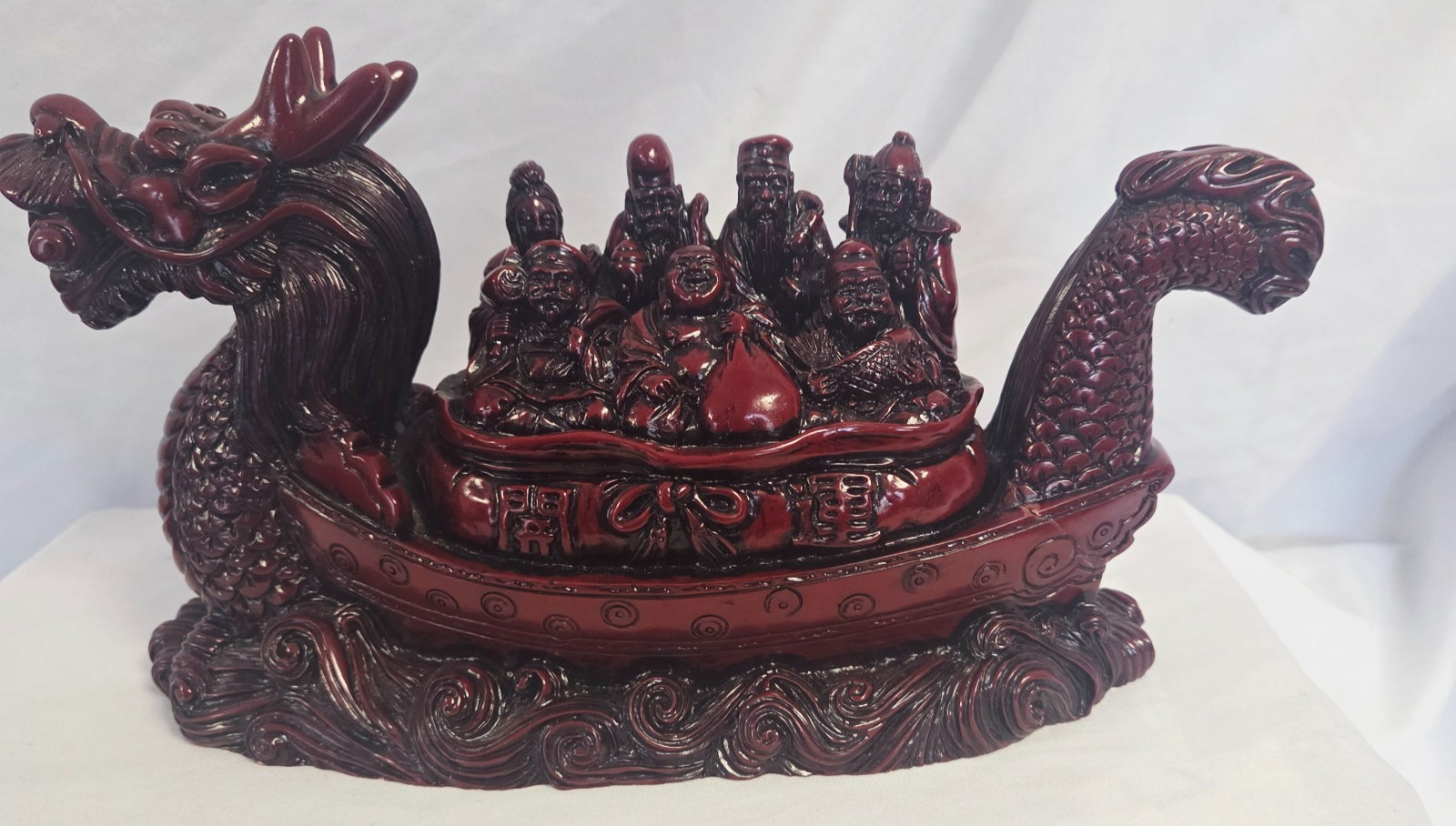 Vintage Chinese Eight Immortals Dragon Boat Red Resin Buddha Statue
