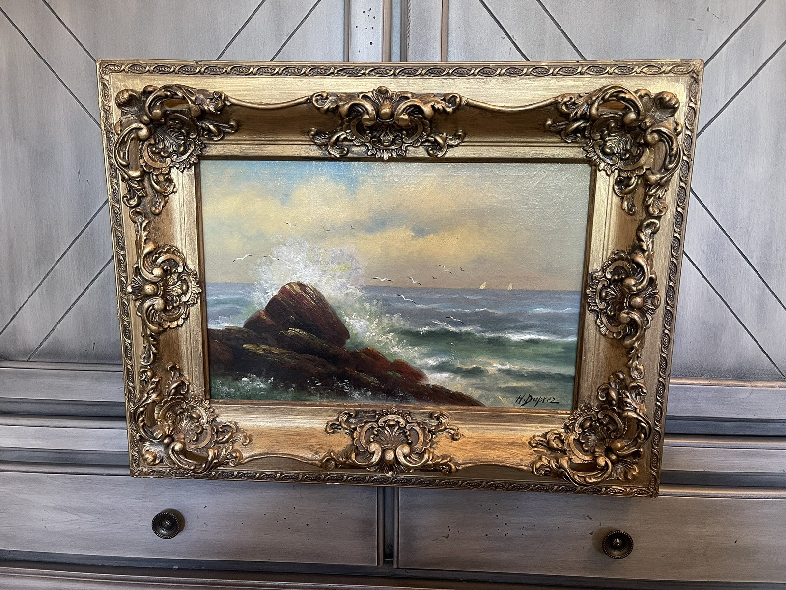 Antique American 19thC Oil Painting On Canvas - Daytime Seascape - H Duprez Antique American 19thC Oil Painting On Canvas - Daytime Seascape - H Duprez