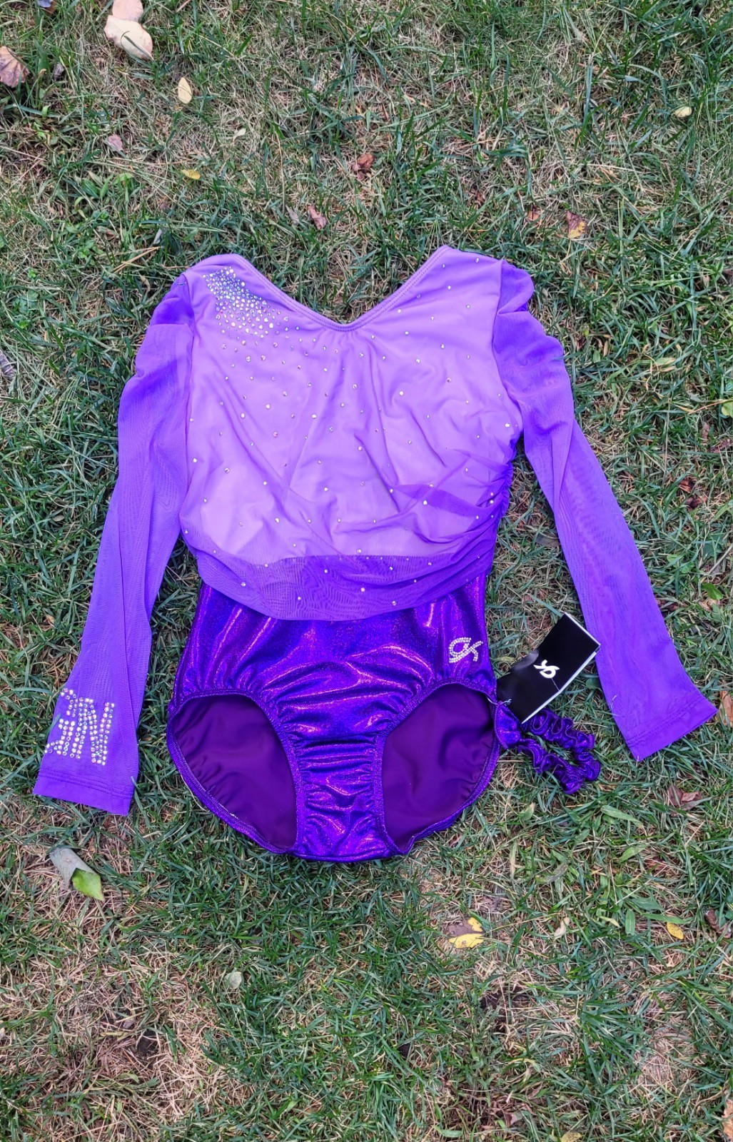 GK Elite Custom 4943 Competitoin Leotard AL Purple Crystal Scrunchie - NWT GK Elite Custom 4943 Competitoin Leotard AL Purple Crystal Scrunchie - NWT