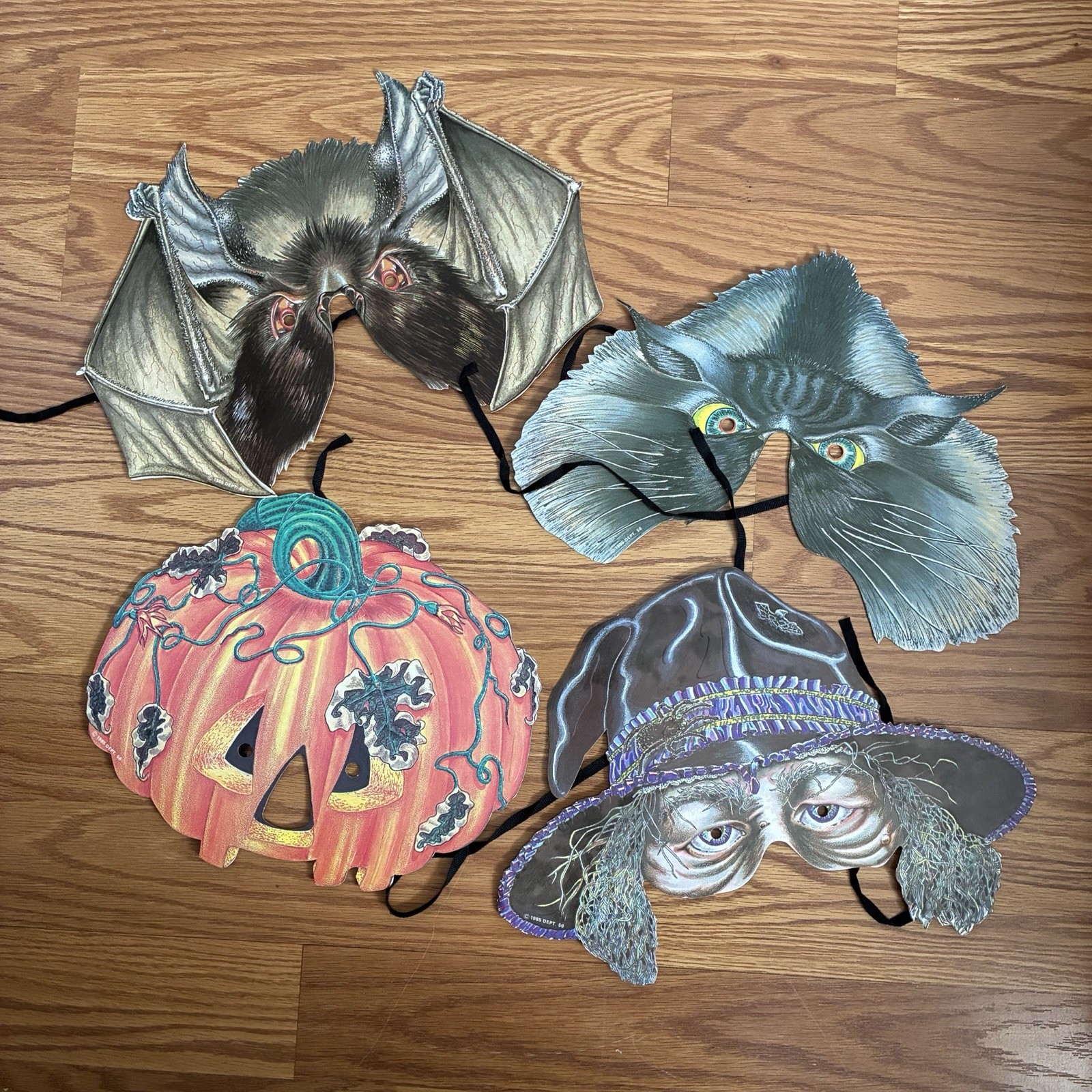 1985 Department 56 die-cut cardboard Halloween half-masks Bat Witch Cat Pumpkin 1985 Department 56 die-cut cardboard Halloween half-masks Bat Witch Cat Pumpkin