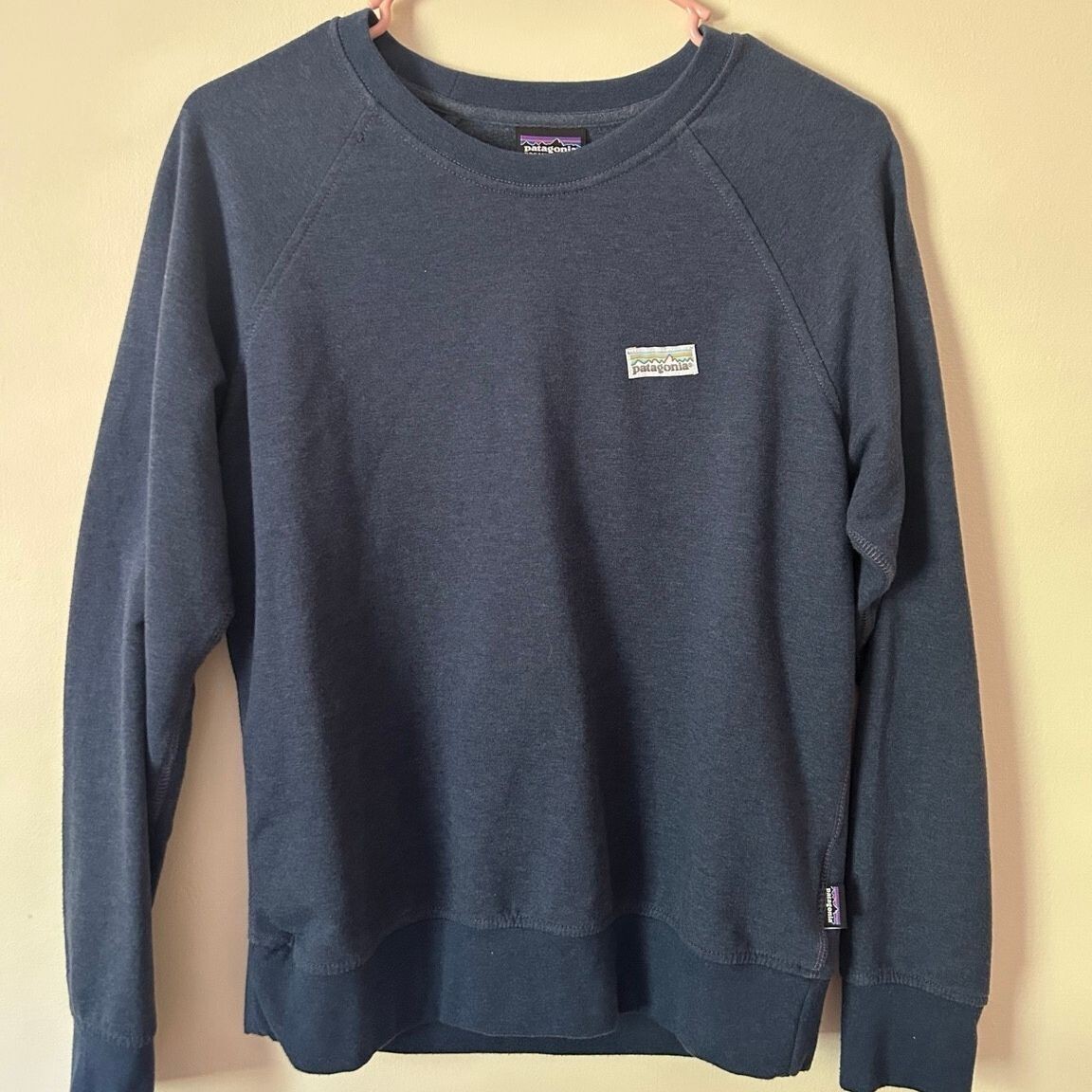 Patagonia Ahnya Crew Organic Cotton Blue Crewneck Sweater Small Logo