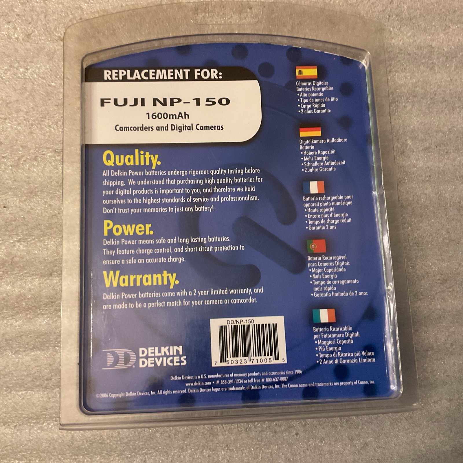 New Fuji NP-150 Replacement Battery, 1600 mAh, By Delkin Devices, Sealed Package