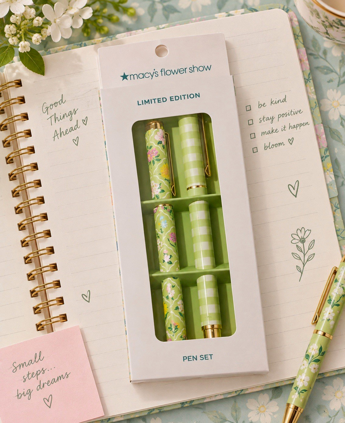 NEW MACY’S 2026 “MACY’S FLOWER SHOW” 250th CELEBRATION 2-PIECE GREEN PEN SET