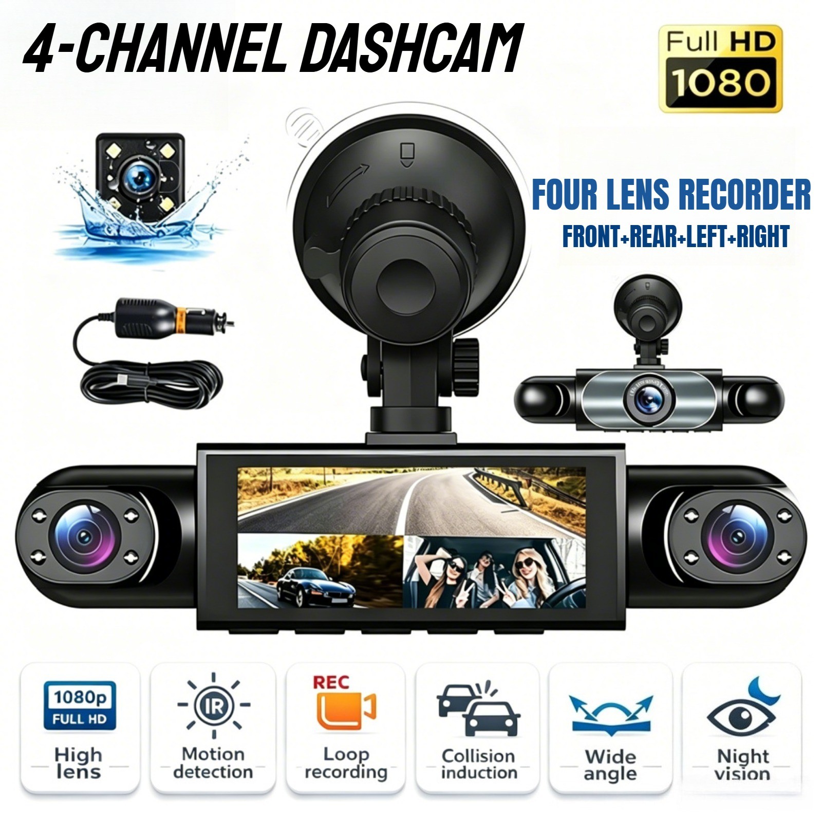 4-Channel Dashcam 360° 1080P HD Car Dash Cam Front Rear Inside Left Right 4-Channel Dashcam 360° 1080P HD Car Dash Cam Front Rear Inside Left Right