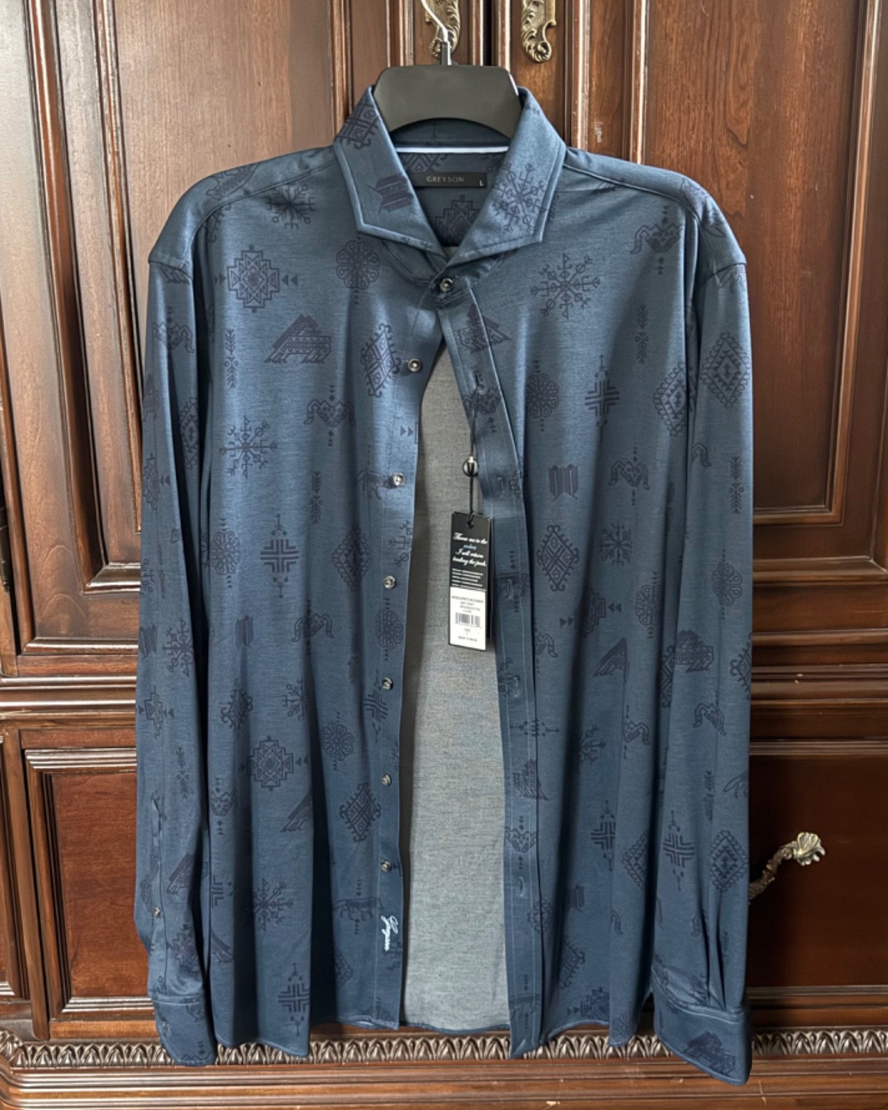 Greyson Woodward Woven Spirits Knit Shirt Men\'s L NWT Blue