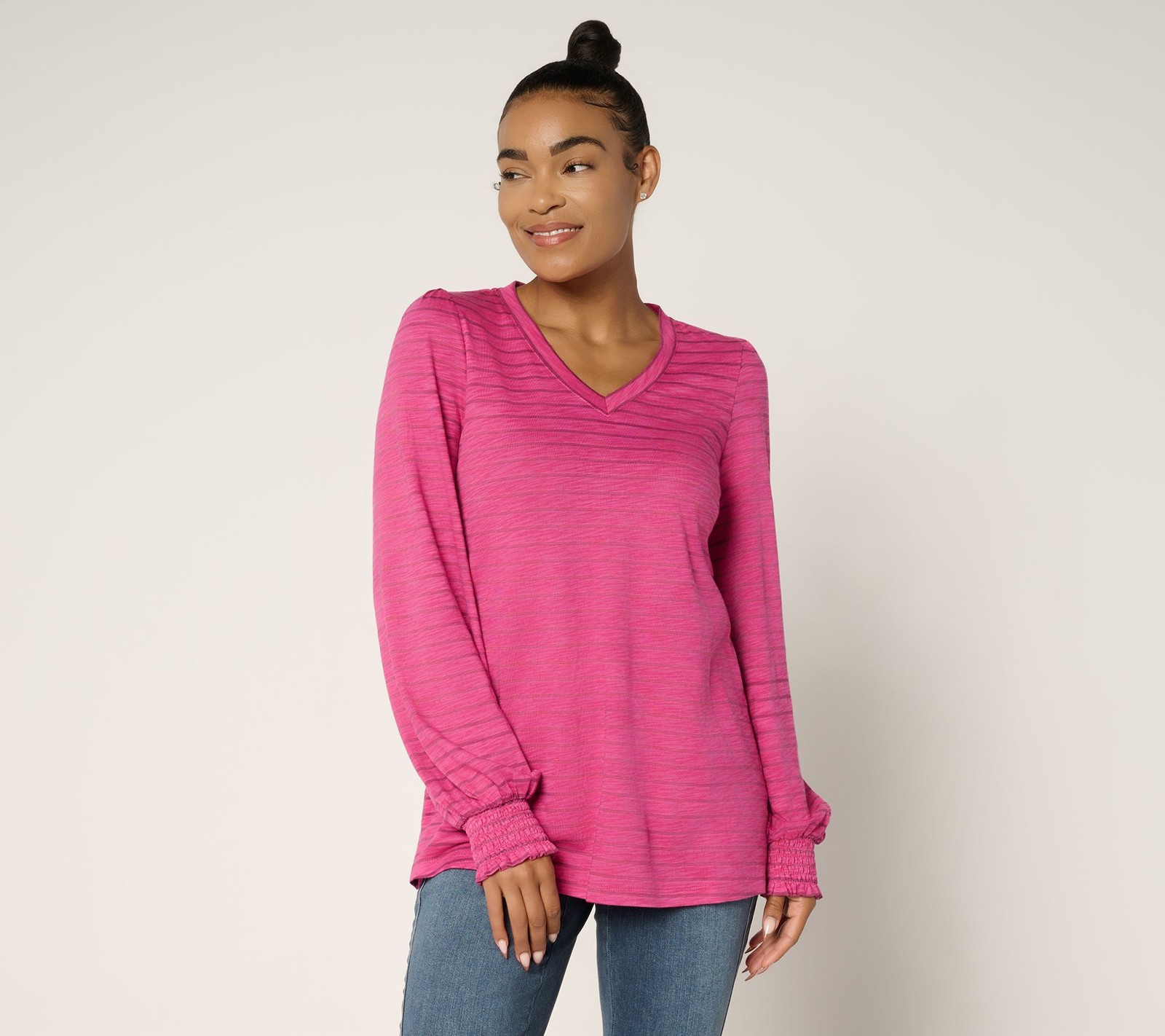 Belle by Kim Gravel Women\'s Top Sz XL Slub Knit Pinstripe V Neck Pink A695696