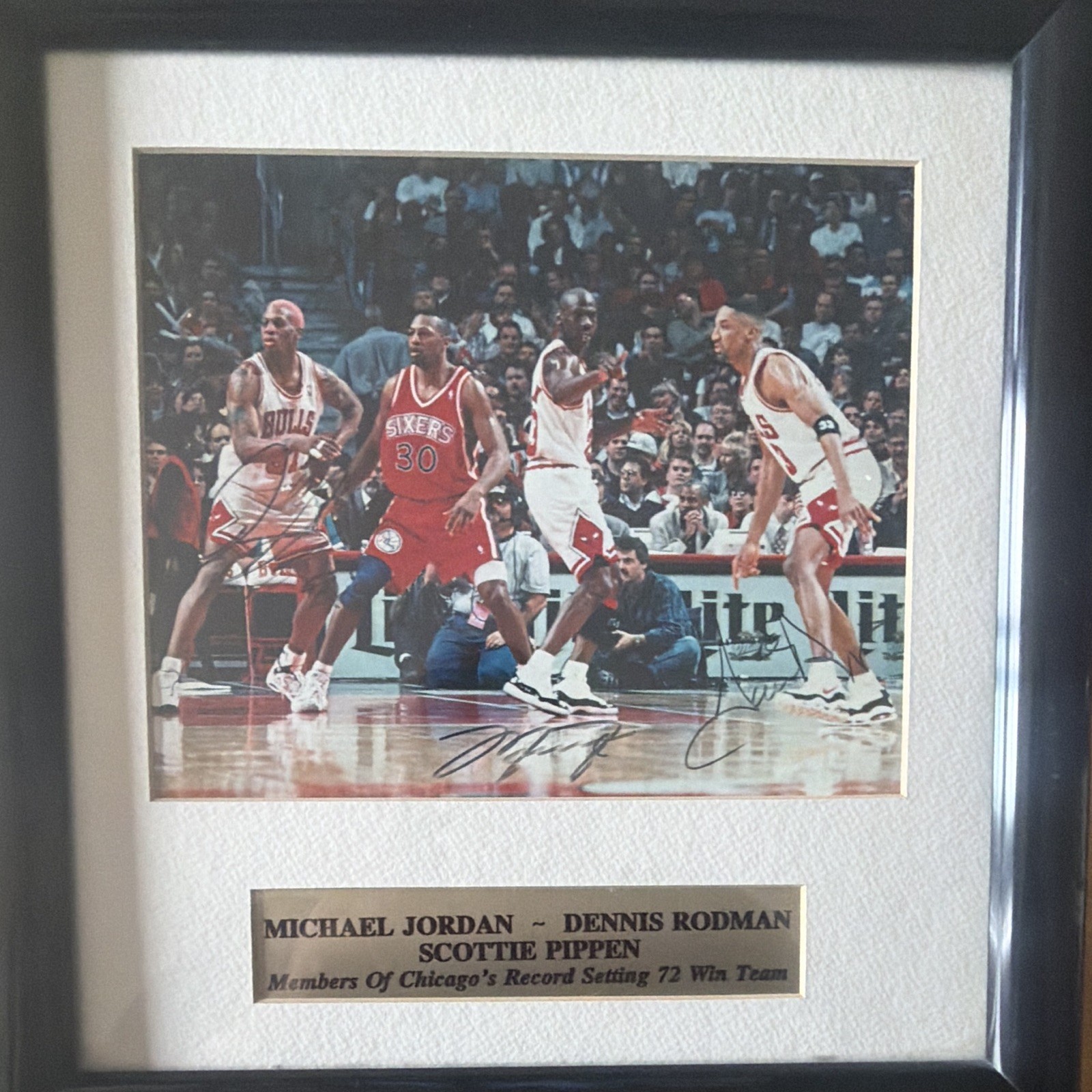 Autographed Jordan Pippen Rodman. Framed Picture with COA Chicago Bulls Autographed Jordan Pippen Rodman. Framed Picture with COA Chicago Bulls