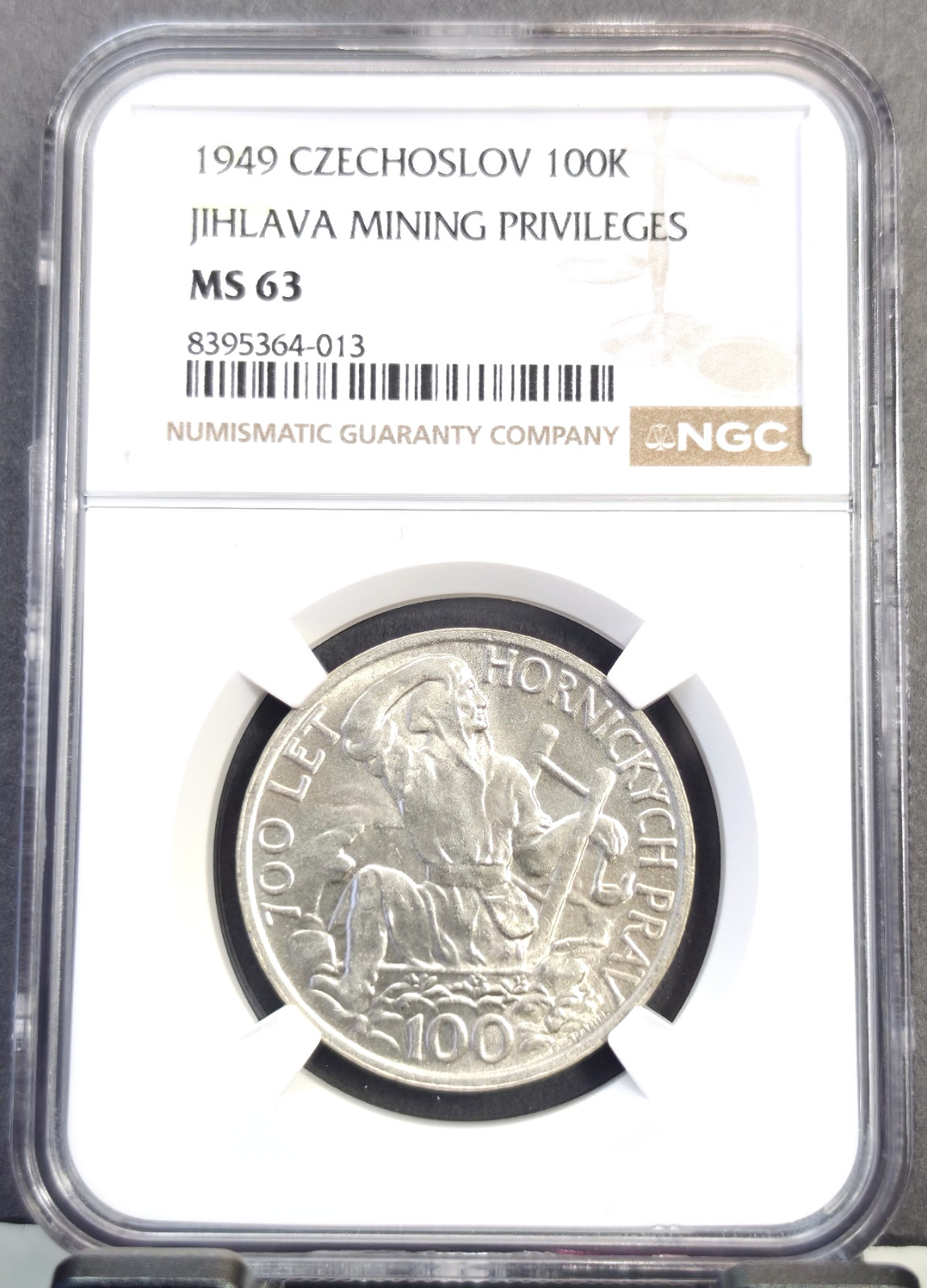 1949 CZECHOSLOVAKIA SILVER 100 KORUN JIHLAVA MINING PRIVILEGES NGC MS 63 1949 CZECHOSLOVAKIA SILVER 100 KORUN JIHLAVA MINING PRIVILEGES NGC MS 63