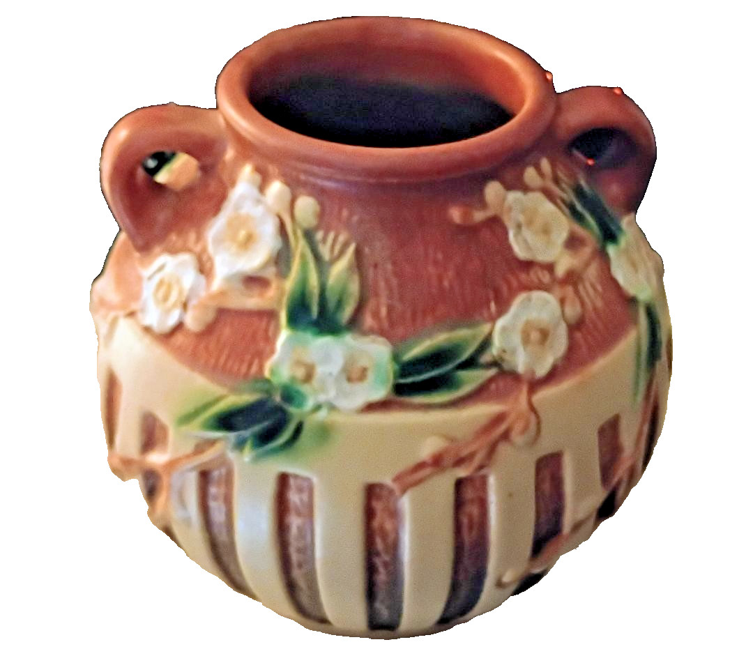 Vintage Roseville Cherry Blossom Vase Double Handle 618-5 Original Sticker 5.25” Vintage Roseville Cherry Blossom Vase Double Handle 618-5 Original Sticker 5.25”