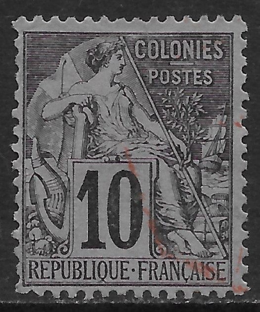 FRENCH COLONIES SCOTT 50 USED FINE - 1881 10c BLACK/LAVENDER COMMERCE ISSUE
