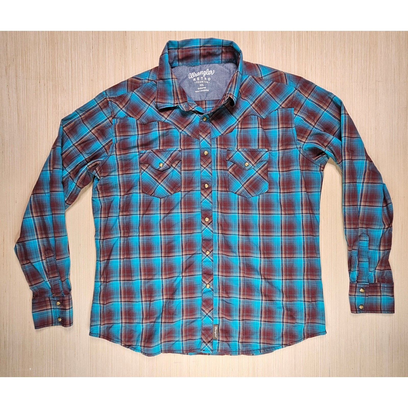 Wrangler Retro Premium Western Shirt Mens XXL Blue Plaid Pearl Snap MVR477M
