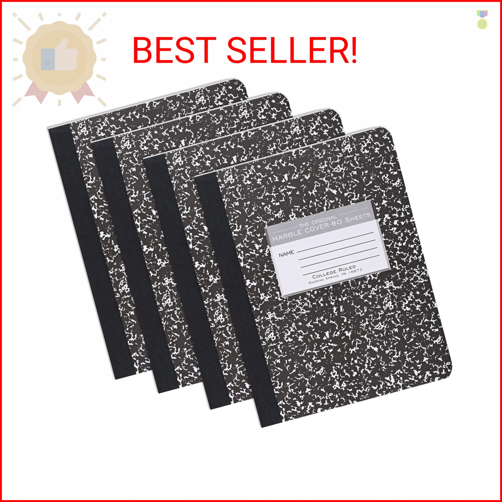 ROARING SPRING Hard Cover Composition Notebook, 4 Pack, Black Marble Comp Book,