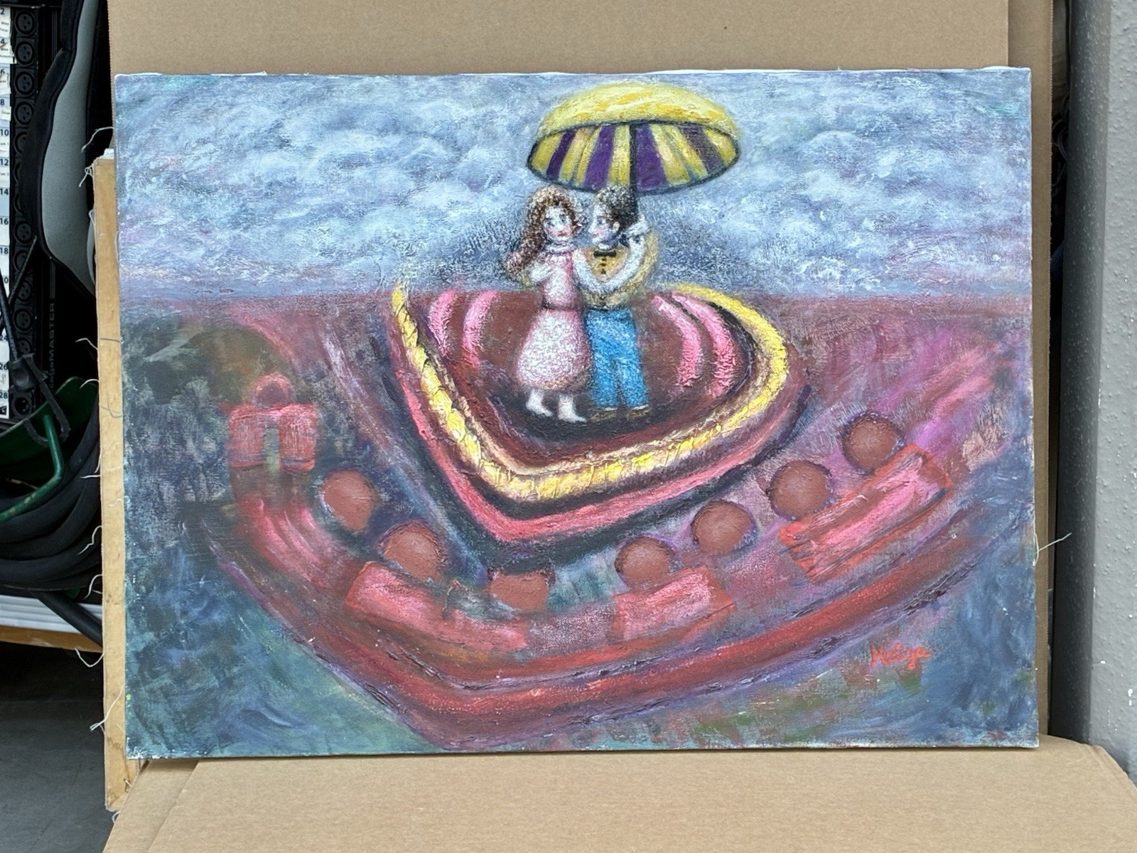 Helga Schweininger Signed Oil Painting Waiting for Rain Folk Art 18x24