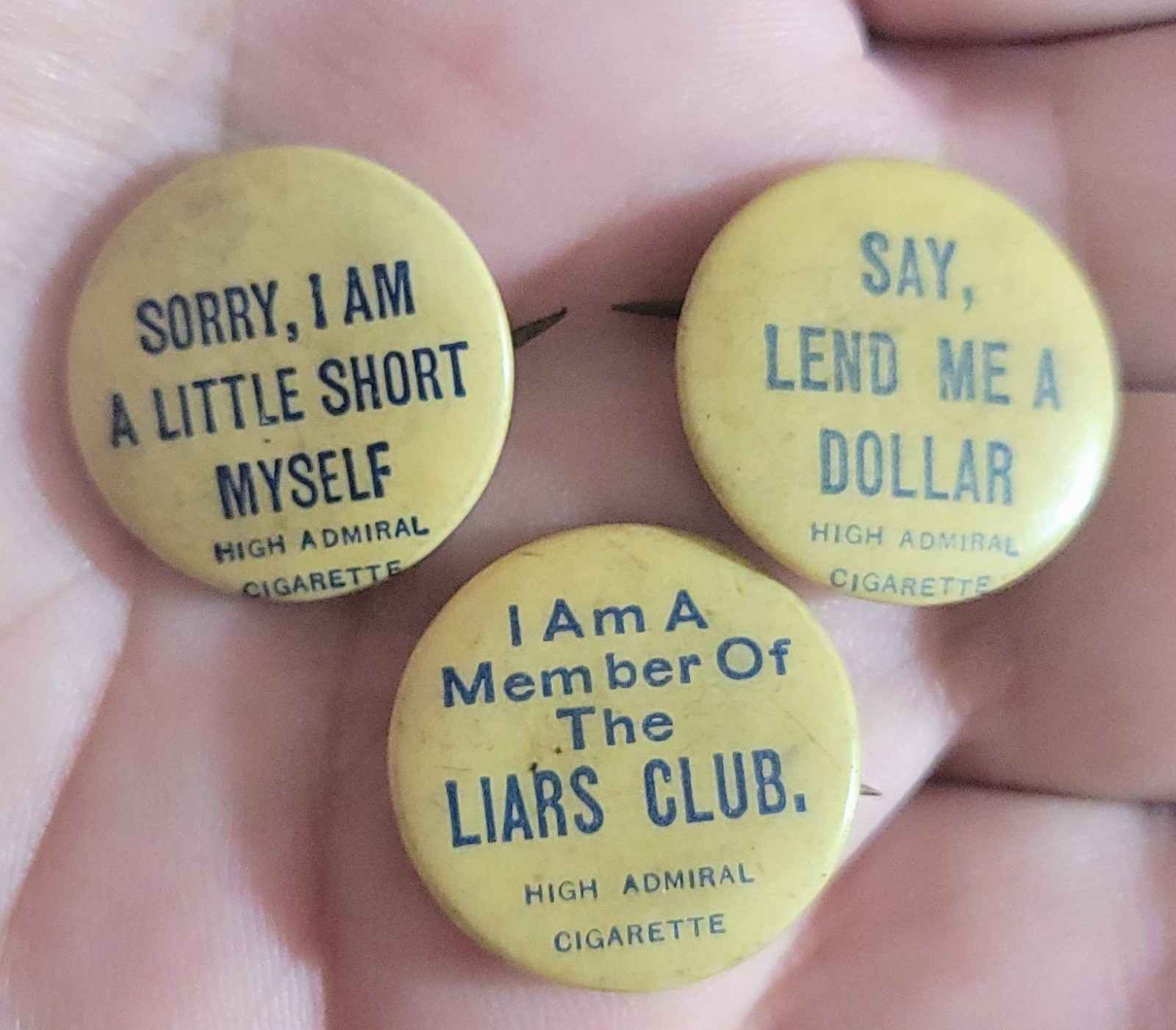 3 High Admiral Cigarettes Advertising Pins Pinbacks Buttons Whitehead & Hoag