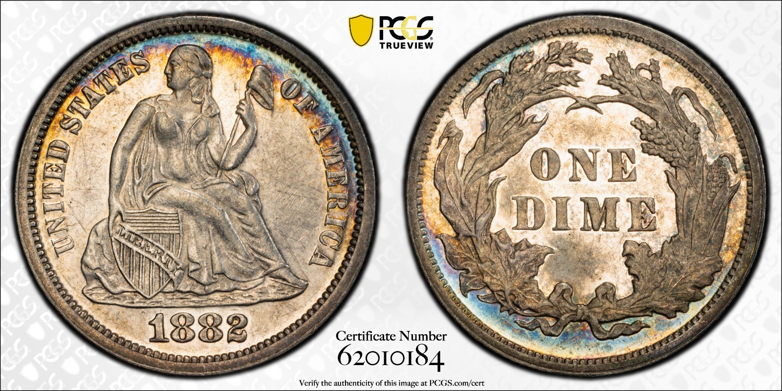 1882 10C SEATED LIBERTY PROOF PCGS PR58 JUST GRADED BEAUTIFUL COLOR TONER 1882 10C SEATED LIBERTY PROOF PCGS PR58 JUST GRADED BEAUTIFUL COLOR TONER