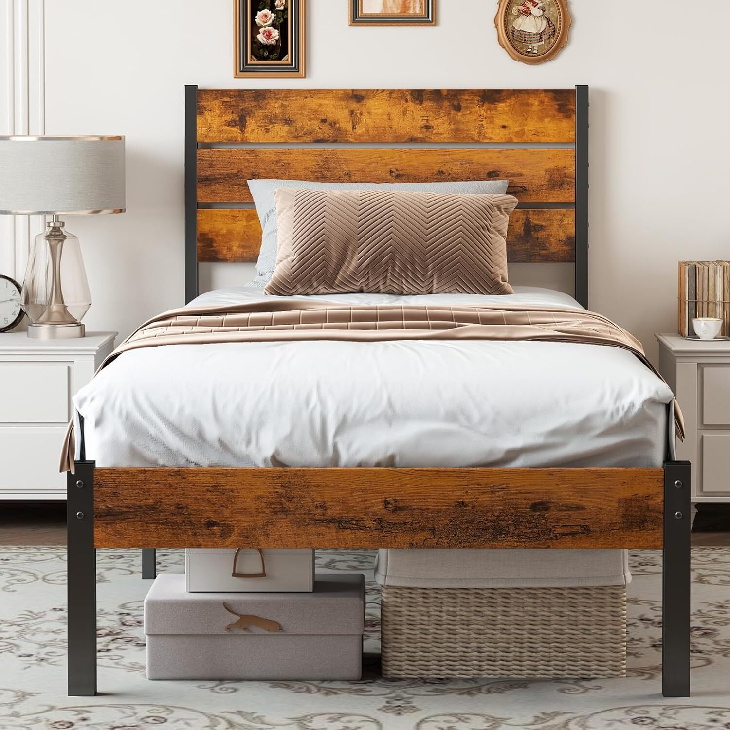 JHK Twin Size Sturdy Metal Platform Bed Frame with Wood Headboard and Footboard JHK Twin Size Sturdy Metal Platform Bed Frame with Wood Headboard and Footboard