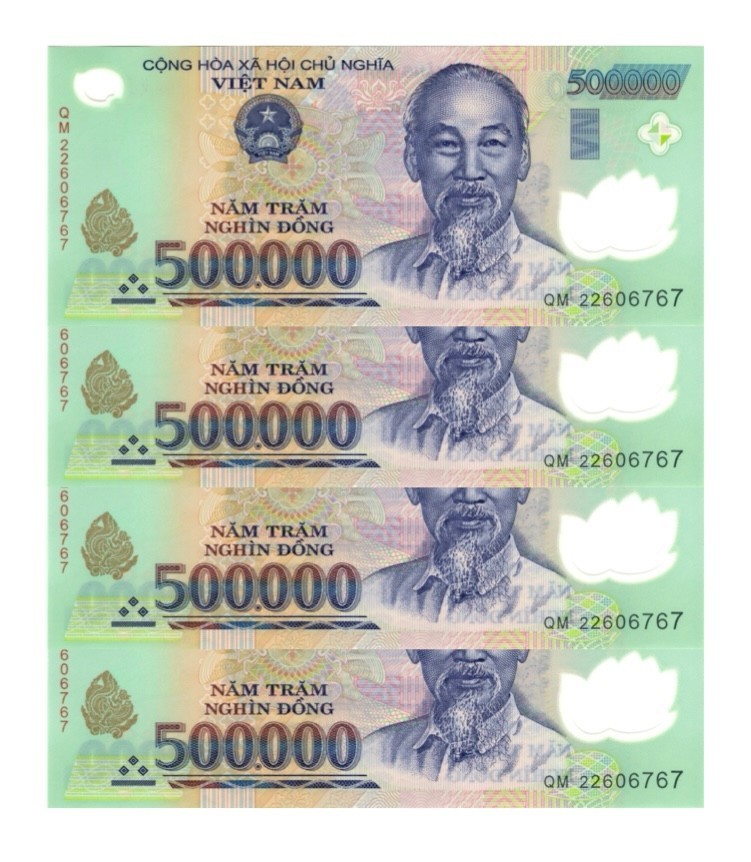 2 Million Vietnamese Dong VND 4 x 500,000 Polymer Banknotes Circulated Vietnam