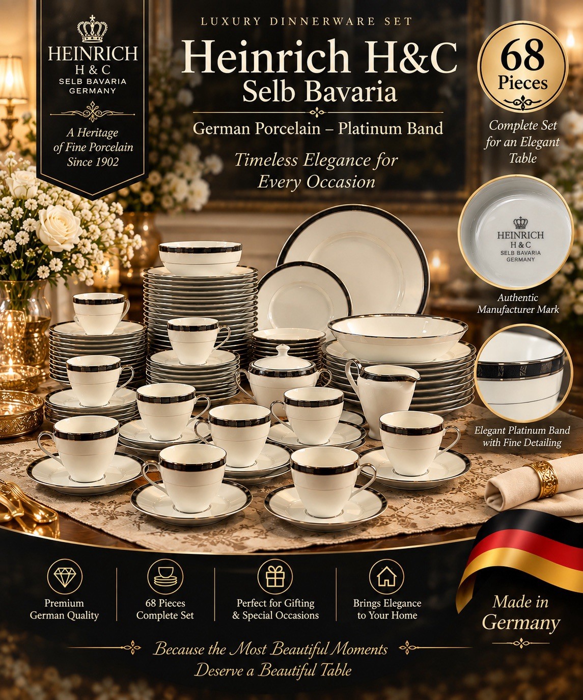 Vintage Heinrich H&C Selb Bavaria Germany 68 Pc China Set Platinum Band Unused