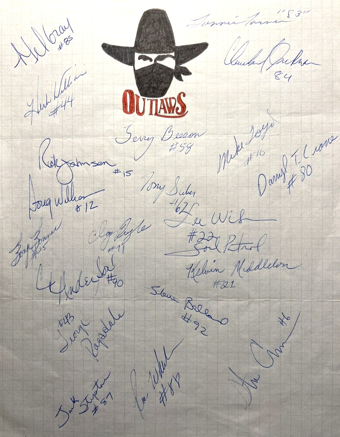 USFL ONE-OF-A-KIND 1984 OKLAHOMA OUTLAWS ORIG. ART SIGNED BY 21 PLAYERS W/JSA