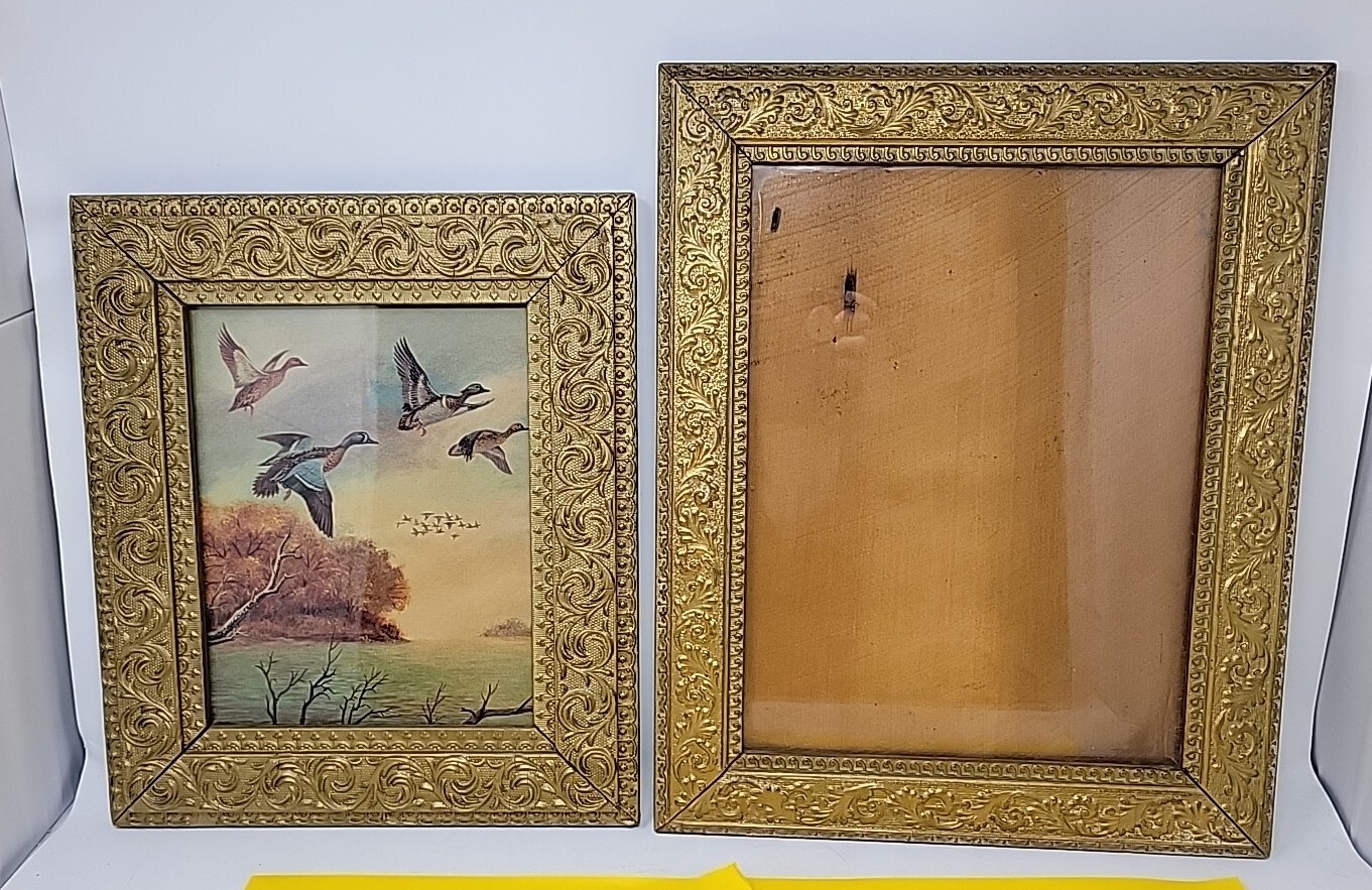Two Antique Original Wood Wooden Picture Frames Gold Paint with Glass RARE 