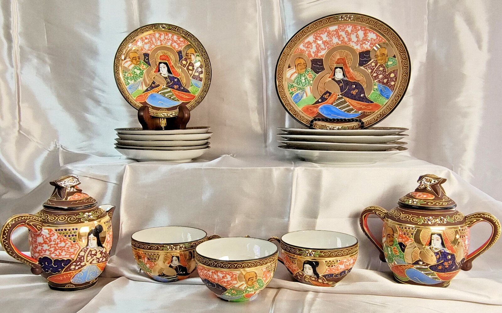 VTG Japanese Satsuma Moriage Gold Dragonware Geisha Tea Set 18 Pc Hand Painted