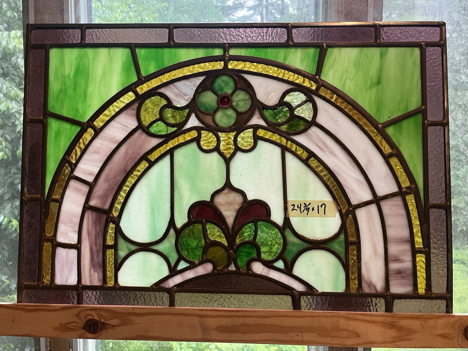 Antique Leaded Stained Glass Window,   Green Purple Pink Yellow