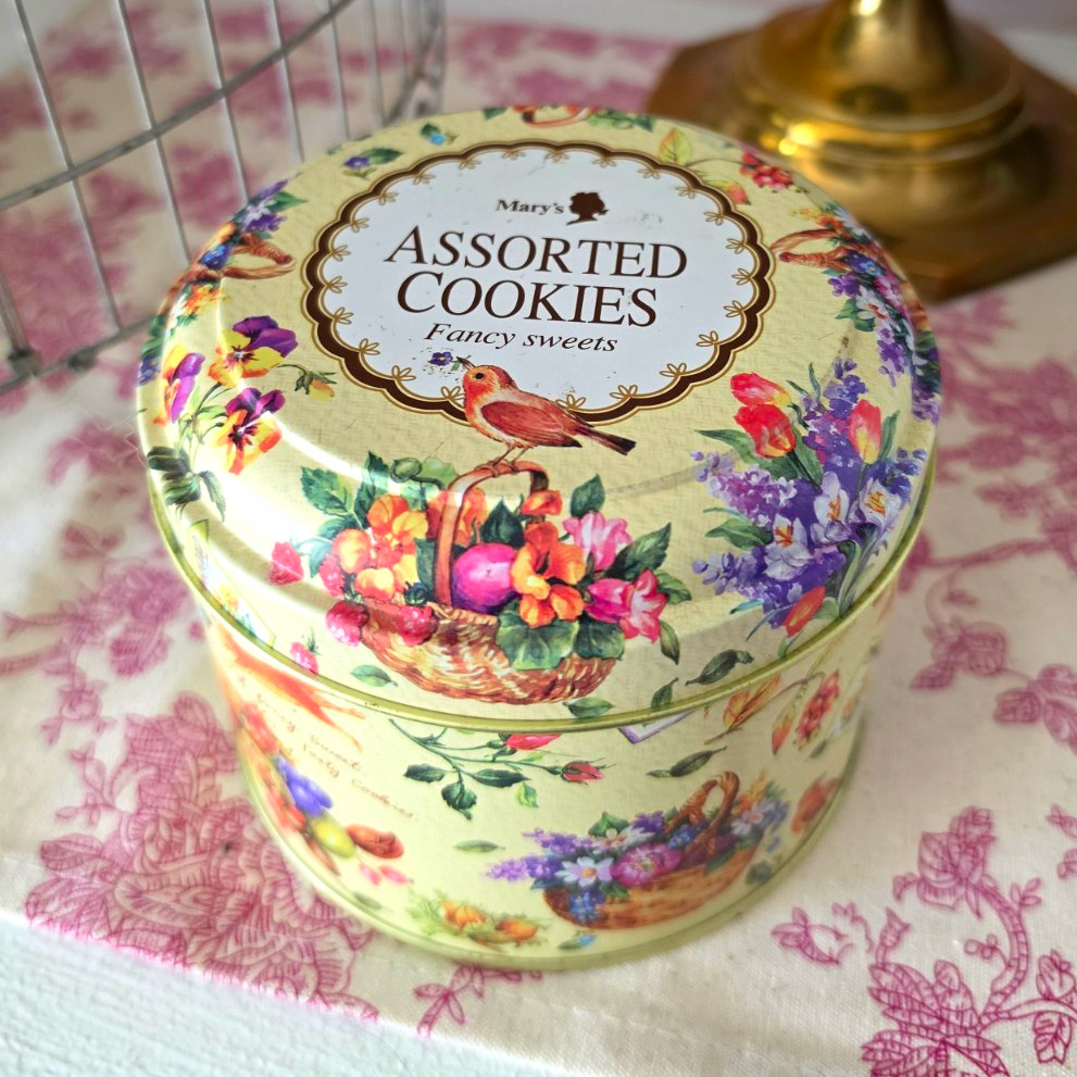 Vtg Mary\'s Assorted Cookies Floral Bird Round Metal Collectible Tin Box Japan Vtg Mary\'s Assorted Cookies Floral Bird Round Metal Collectible Tin Box Japan