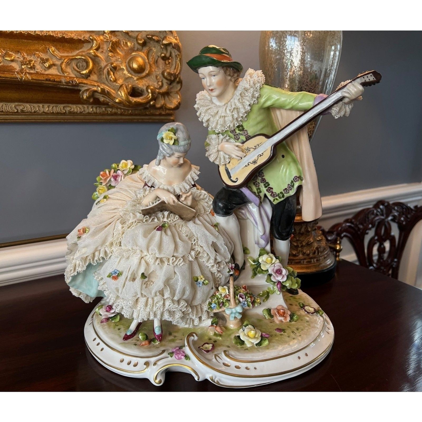 Large Antique German Unterweissbach Dresden Lace Figurine Lady and Man 12\ Large Antique German Unterweissbach Dresden Lace Figurine Lady and Man 12\