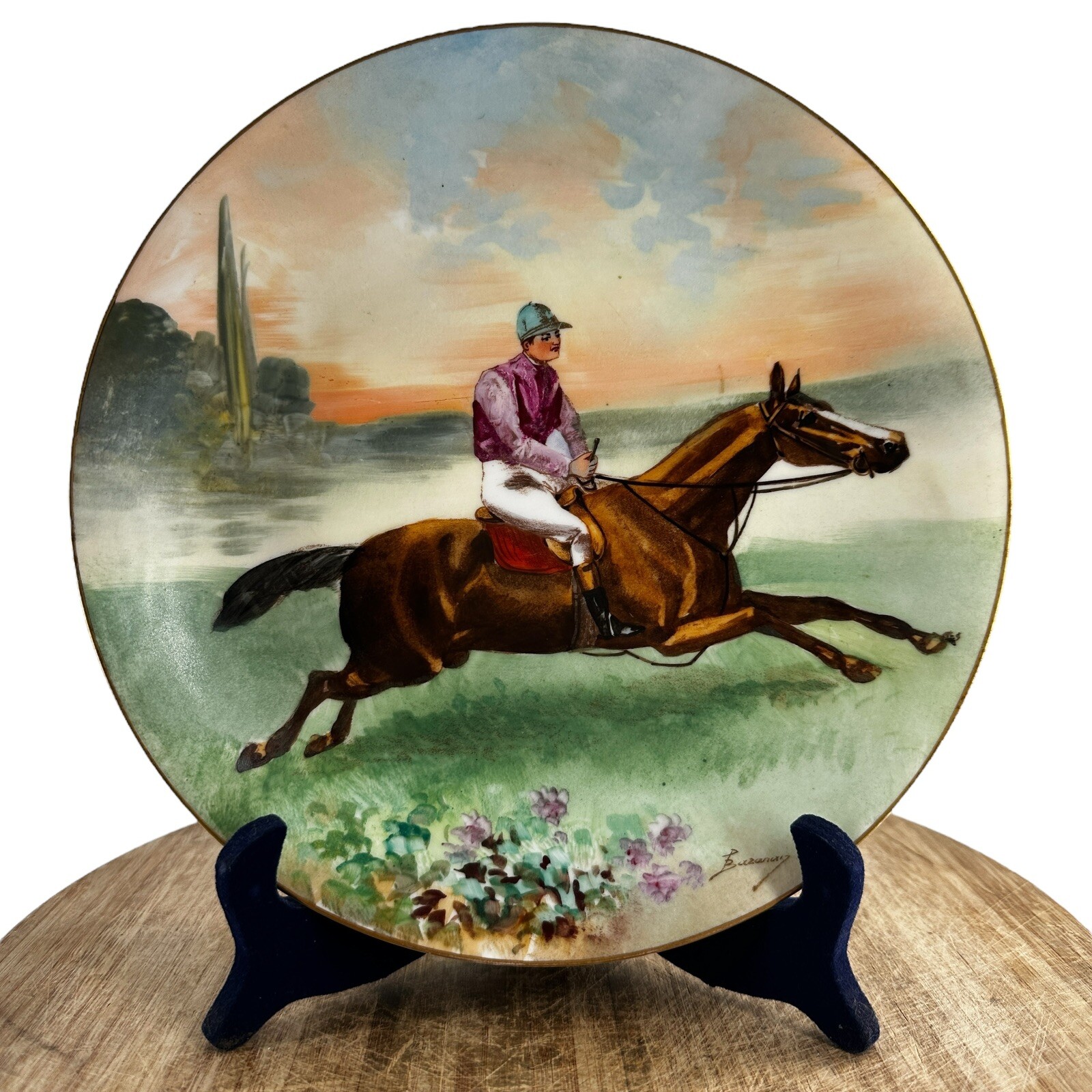 Limoges France LRL hand painted signed charger plate jockey horse antique