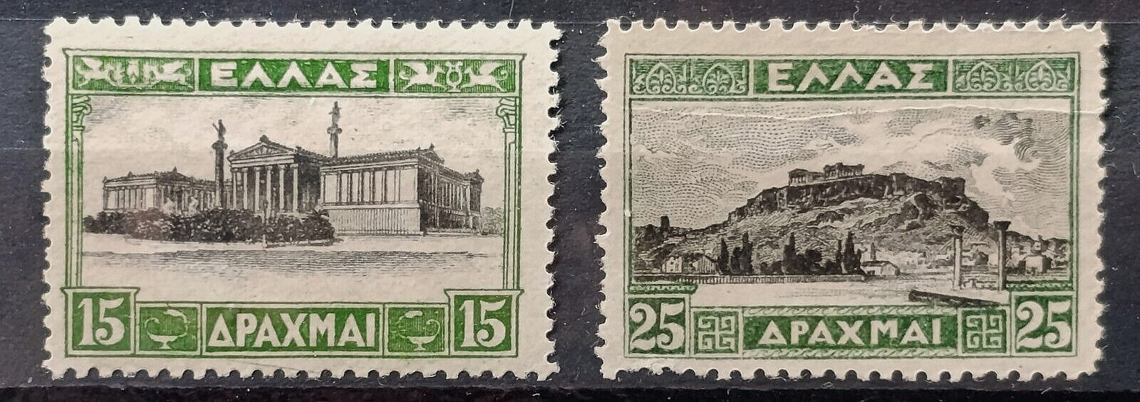 GREECE 1927: 15 Dr. Yellow green/black+ 25 Dr. green/black new UNG SCOTT 333-334 GREECE 1927: 15 Dr. Yellow green/black+ 25 Dr. green/black new UNG SCOTT 333-334