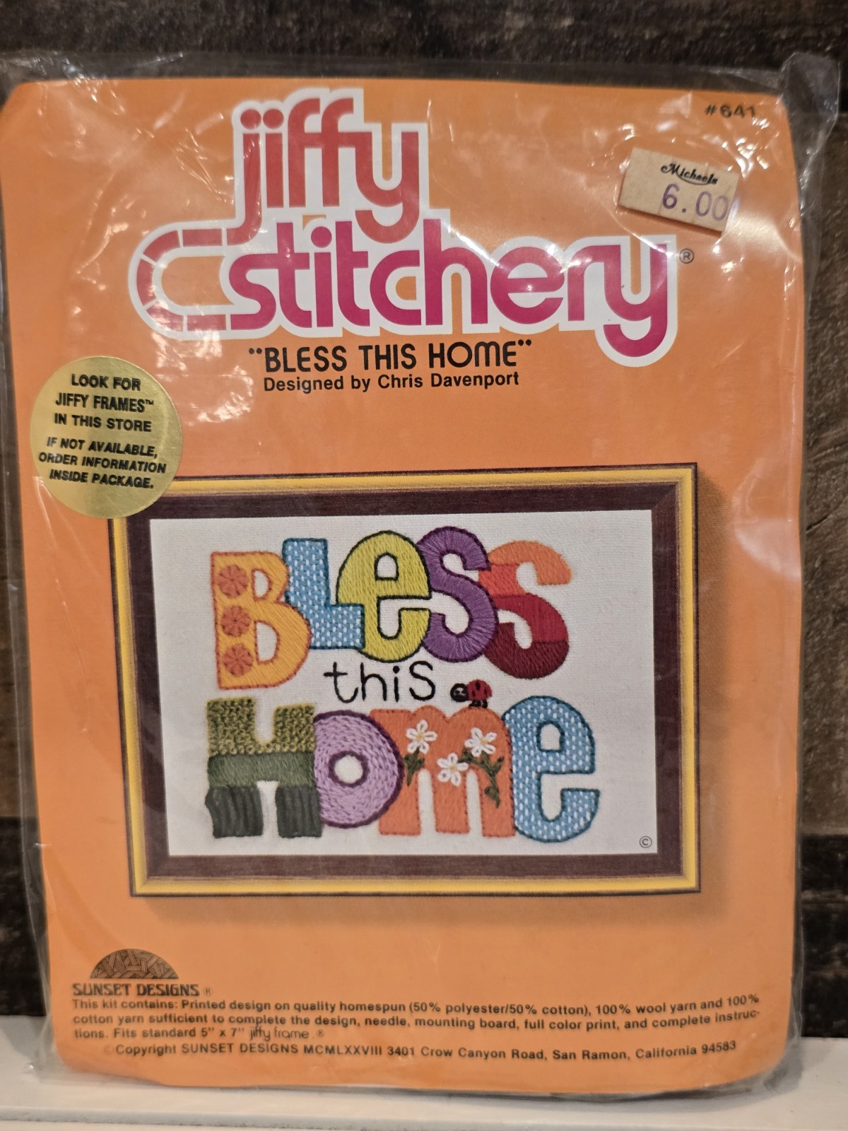 Jiffy Stitchery Sunset Designs Vintage BLESS THIS HOME Embroidery Kit 641 VTG 70