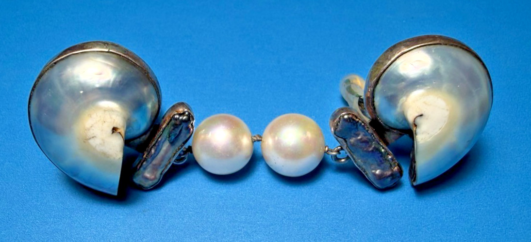 Vintage Rebecca Collins Sterling Silver Nautilus Shell and Pearls Clip Earrings Vintage Rebecca Collins Sterling Silver Nautilus Shell and Pearls Clip Earrings