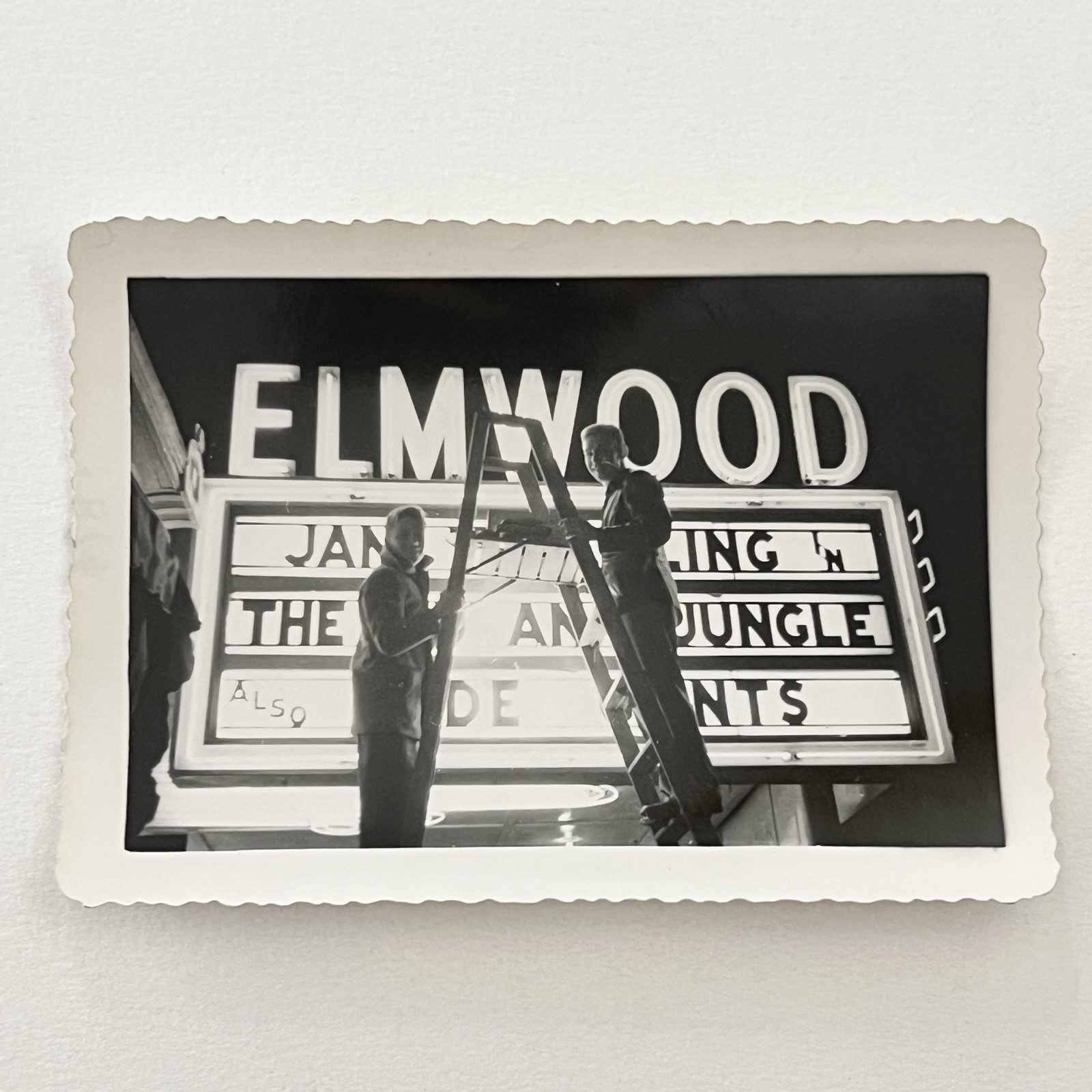 Vintage B&W Snapshot Photograph Elmwood Theatre Marquee Human Jungle Gents 1950s
