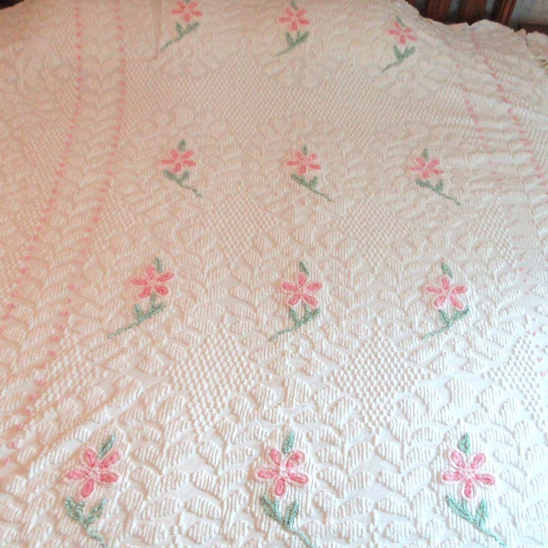 Vintage Cotton Chenille Bedspread 91 x 93 Inches Pink Green Flowers Cutter