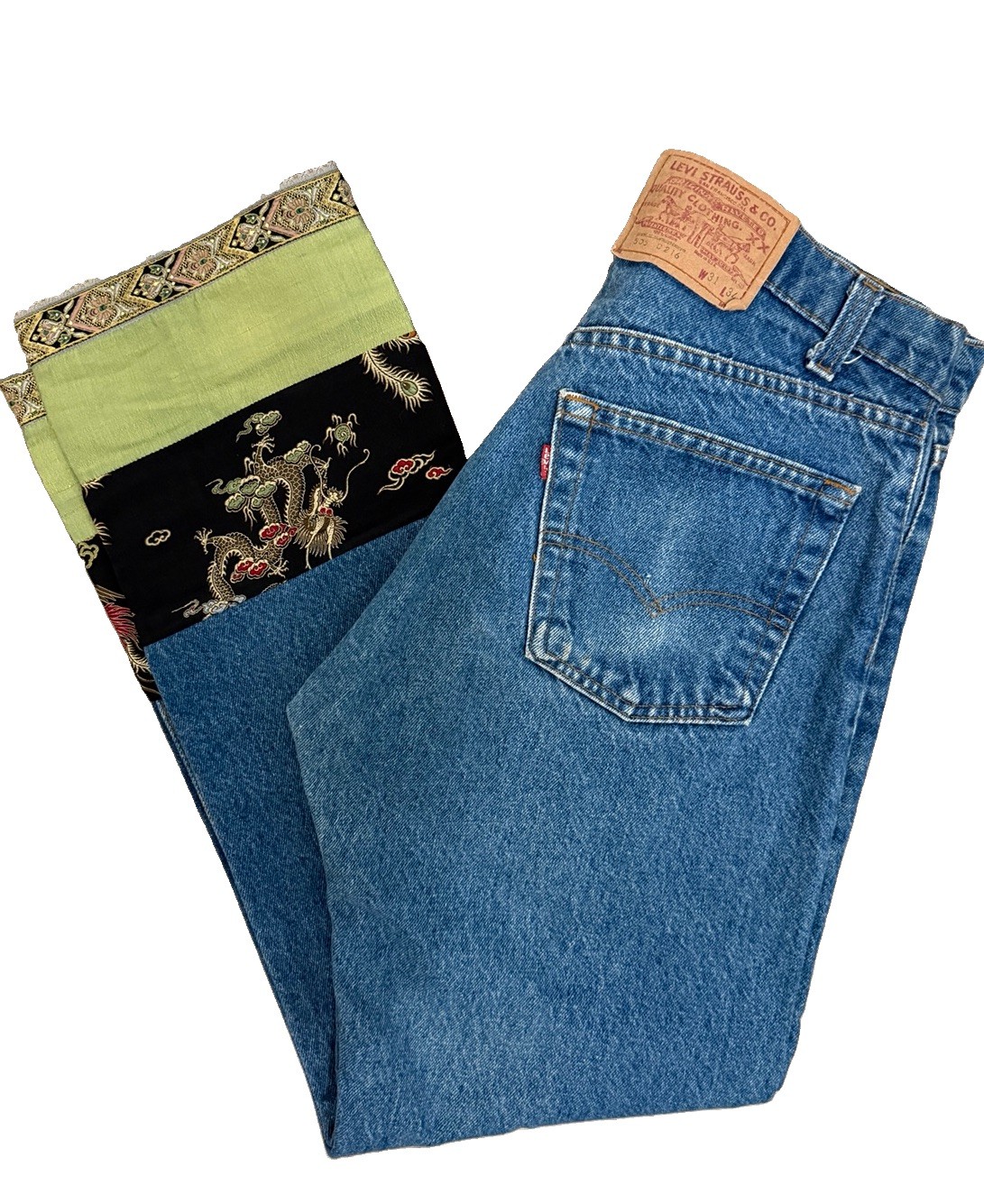 VTG Levi’s OOAK 505 Asian Print Cuffs Women’s 10 Blue Denim/Silk Kelly Lowes