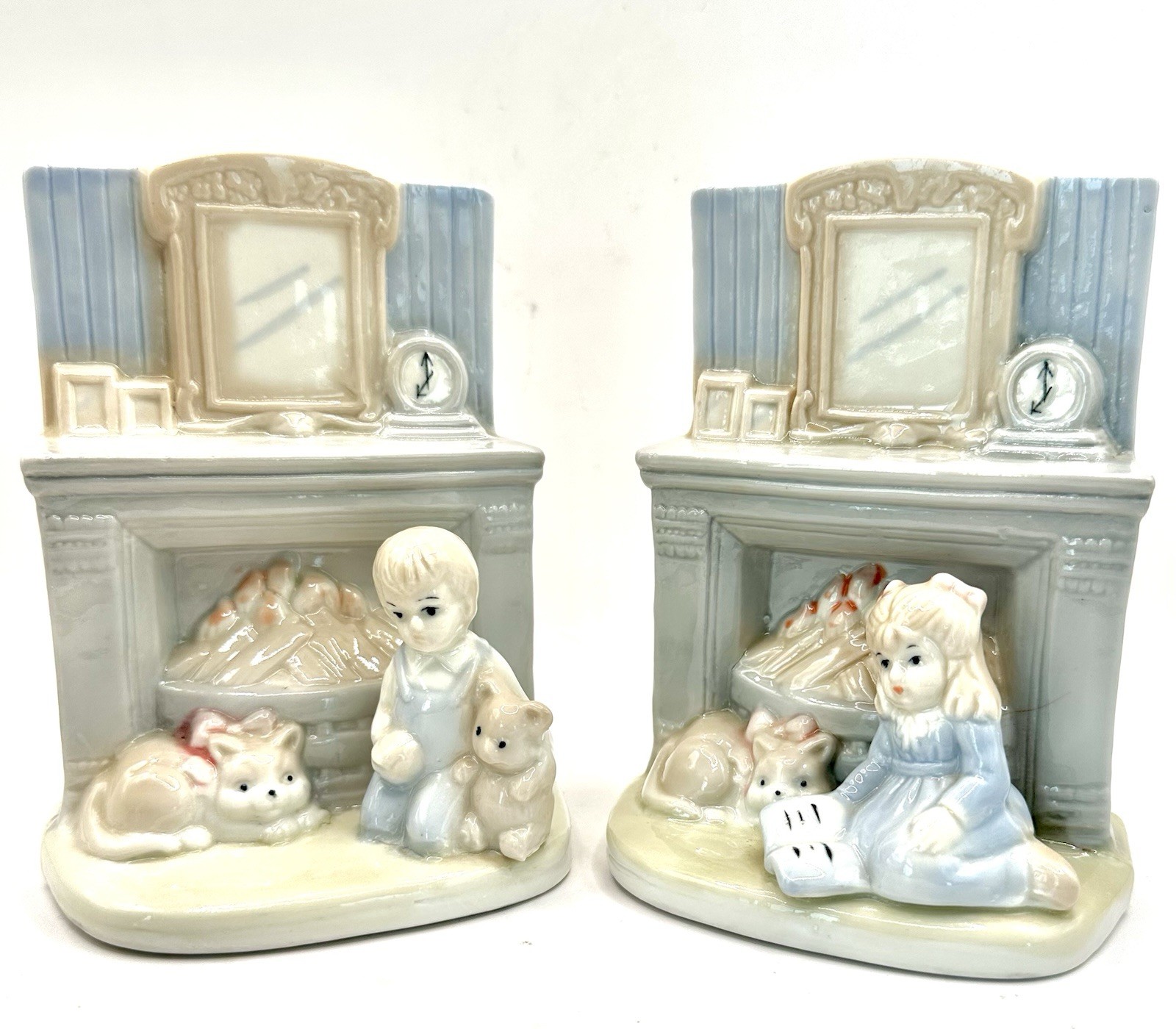 Pair of Charming Vintage Porcelain Bookends-Boy & Girl Fireplace Cat, Japan