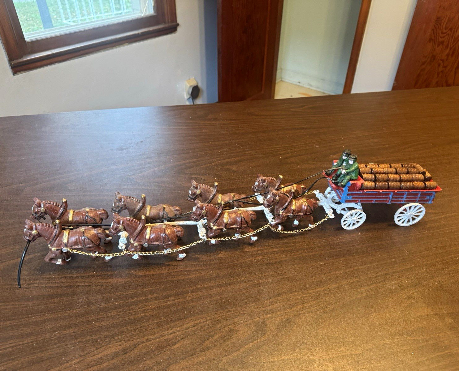 Vintage Cast Iron Horse-Drawn Farm Wagon Figurine w/ Driver & Team of Horses