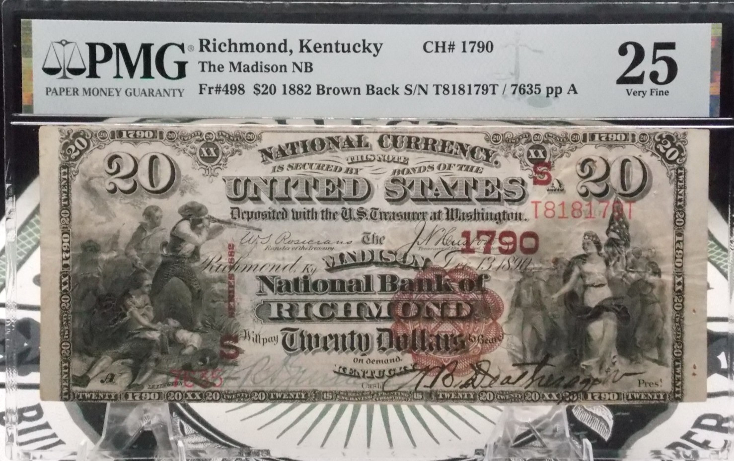 1882 $20 National Brown Back Bank Note *RICHMOND* KY Fr#498 PMG VF25 CH#1790